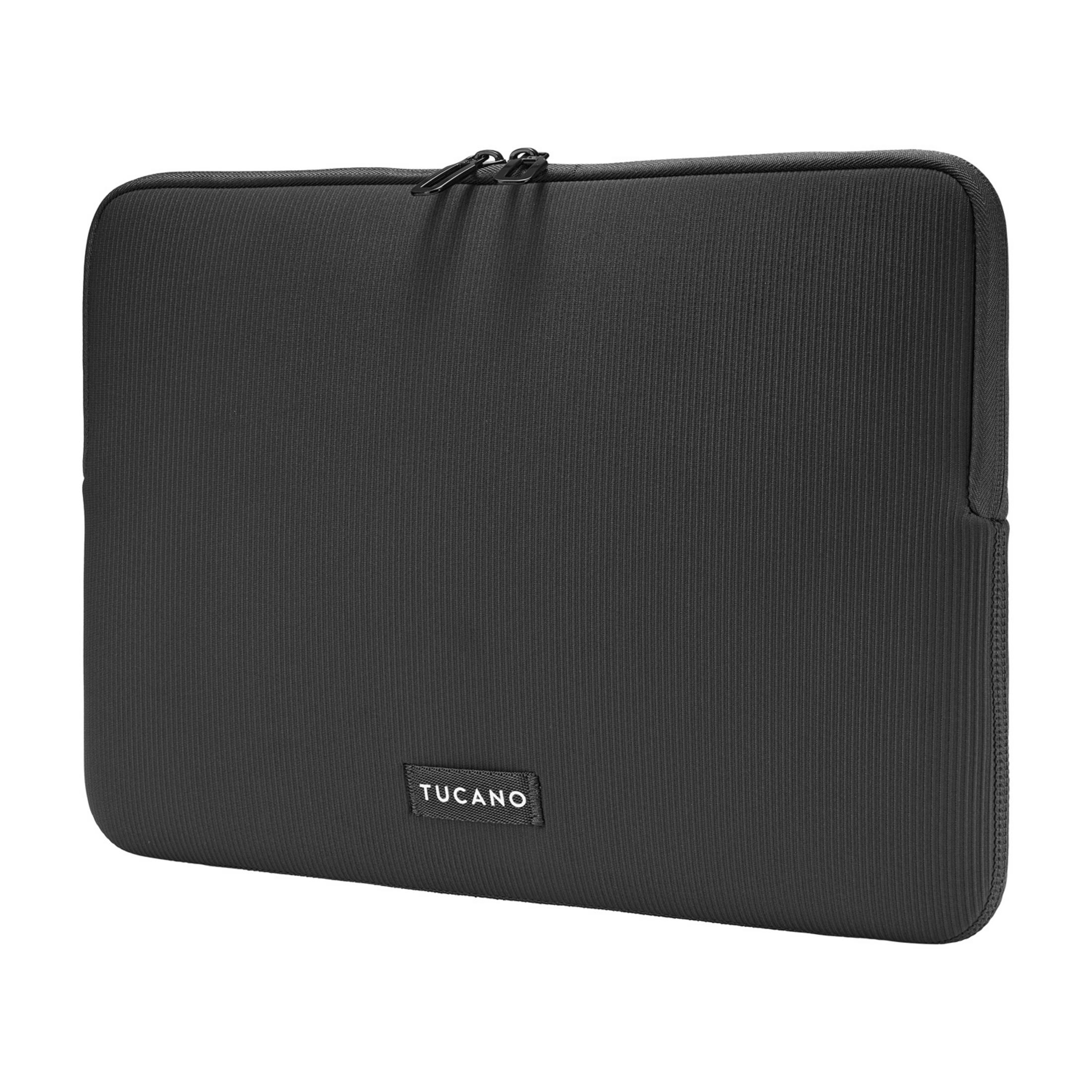 Black laptop sleeve with ribbed texture and zipper closure.