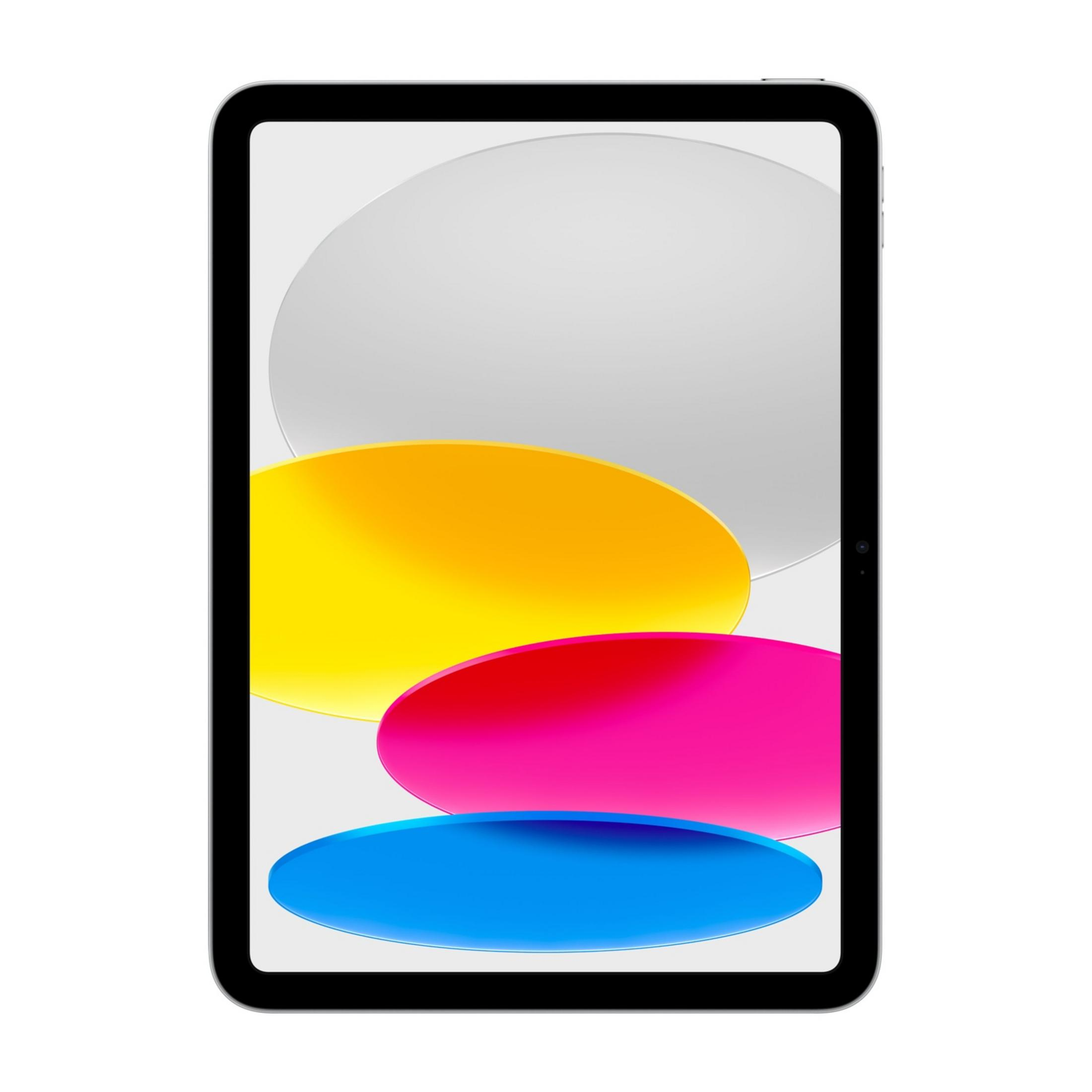 Tablet z ciemną ramką i kolorową tapetą.