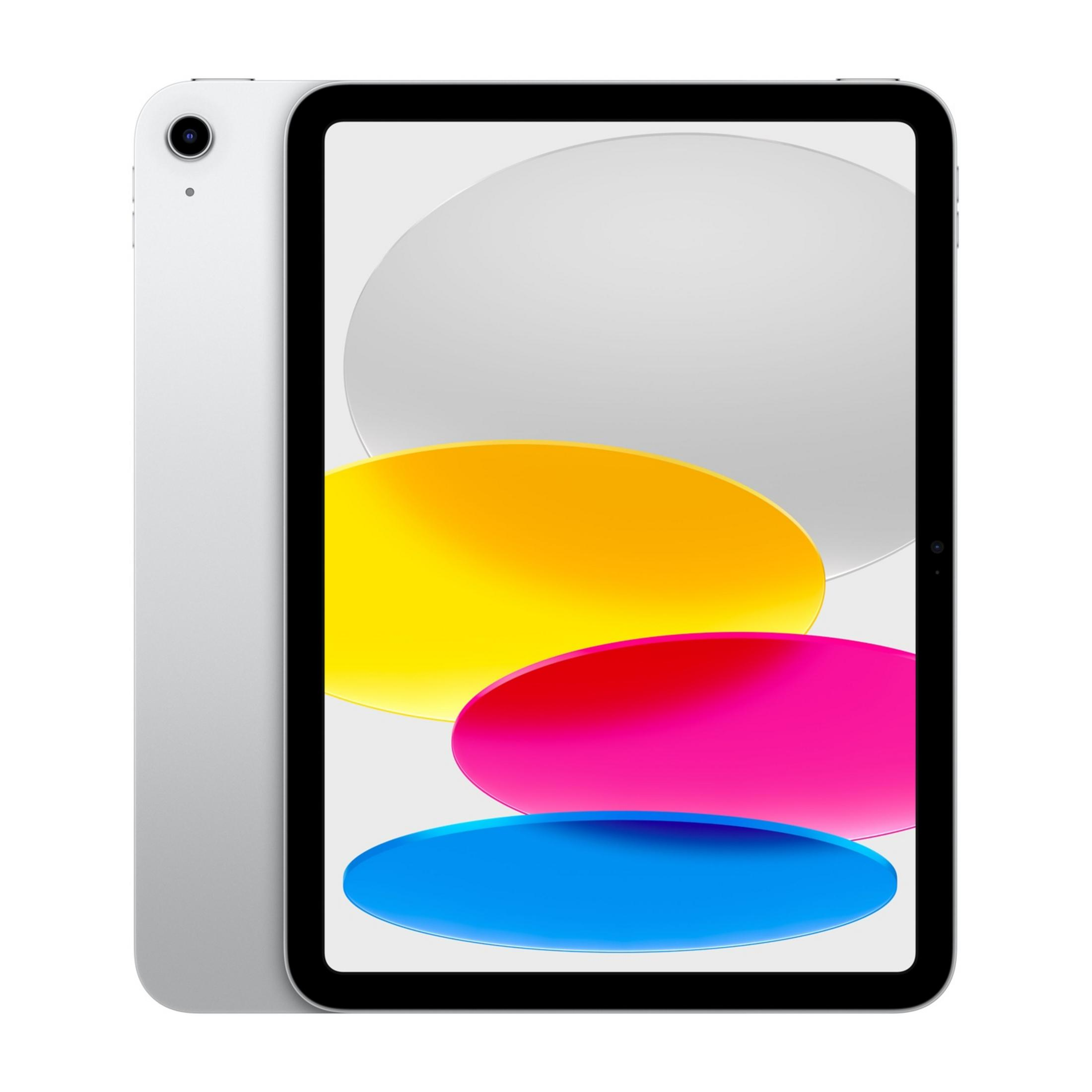 Srebrny tablet z czarną ramką i kolorowym wyświetlaczem tła.