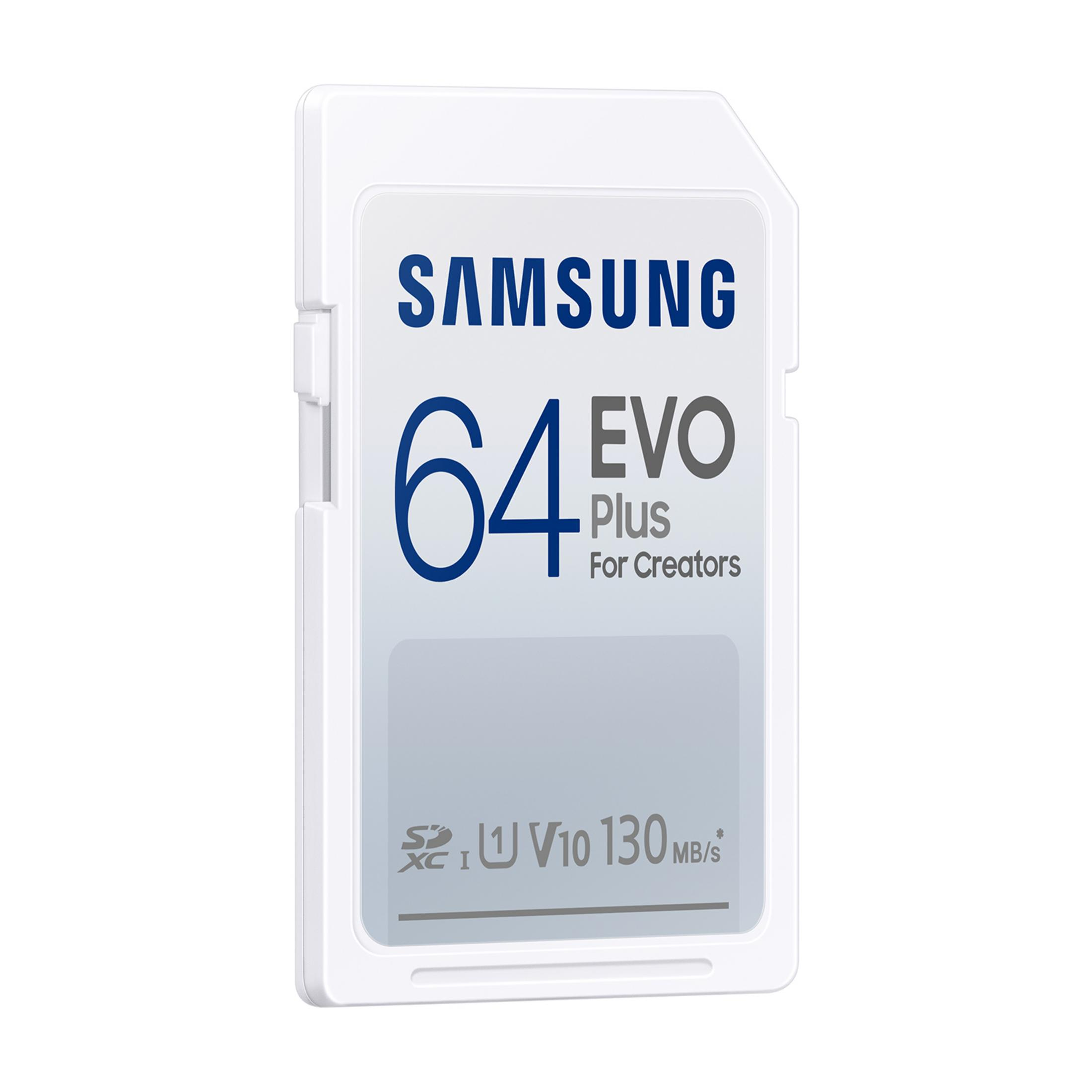 Carte SD Samsung EVO Plus blanche 64 Go pour créateurs, 130 Mo/s.