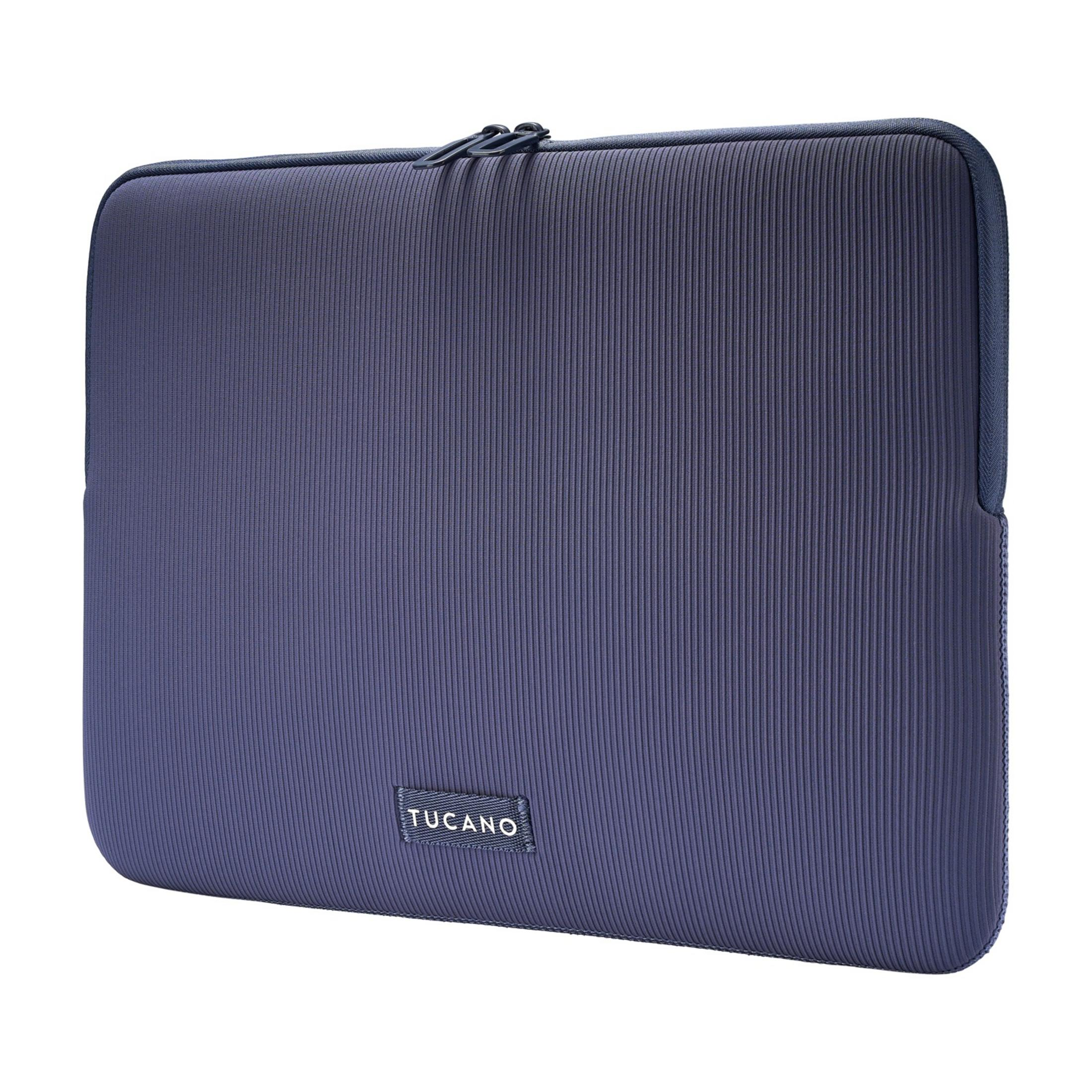 Dark blue laptop sleeve with vertical ribbing and a zipper.