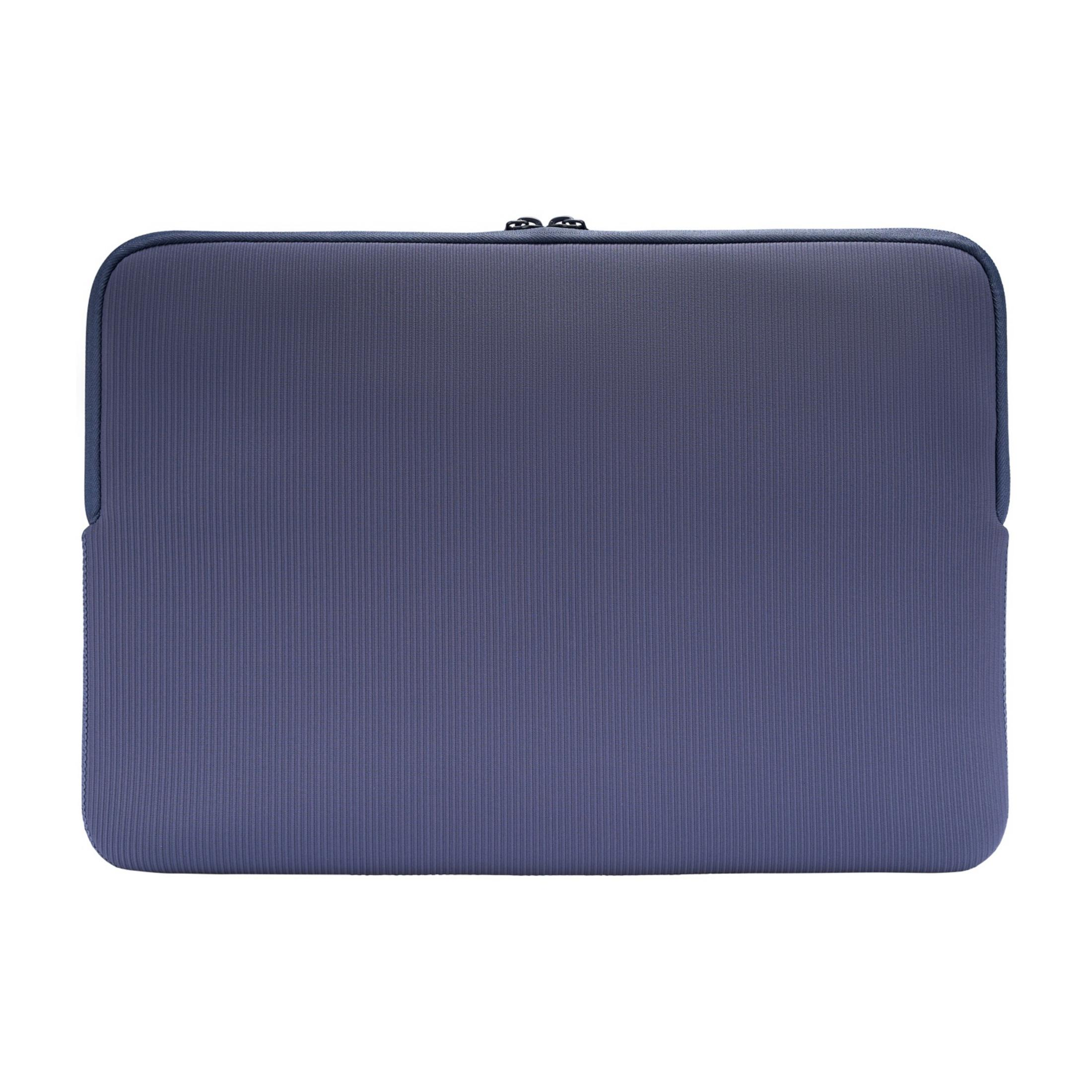 A blue laptop sleeve with a zipper.