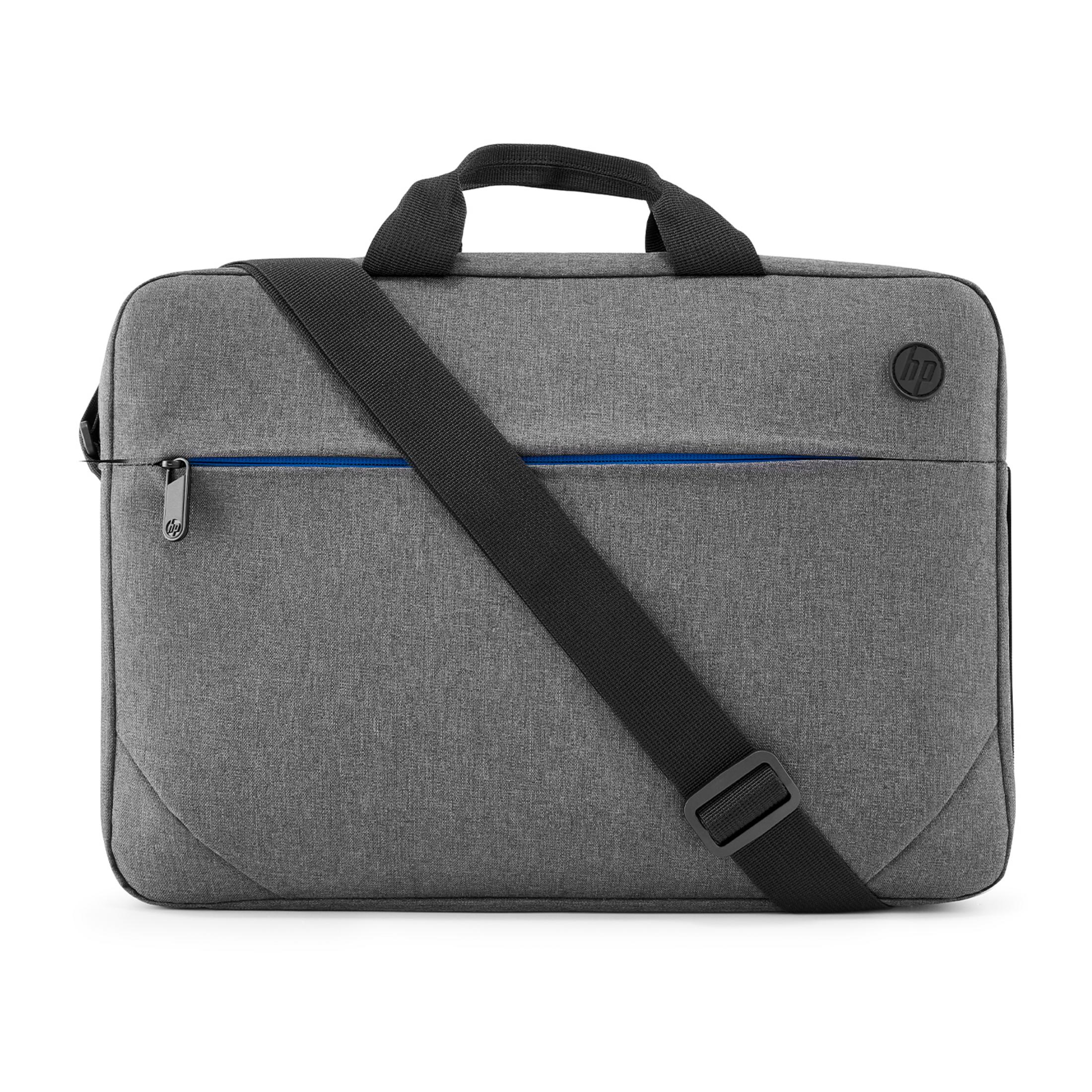 Szara torba na laptopa z czarnym paskiem i logo HP.