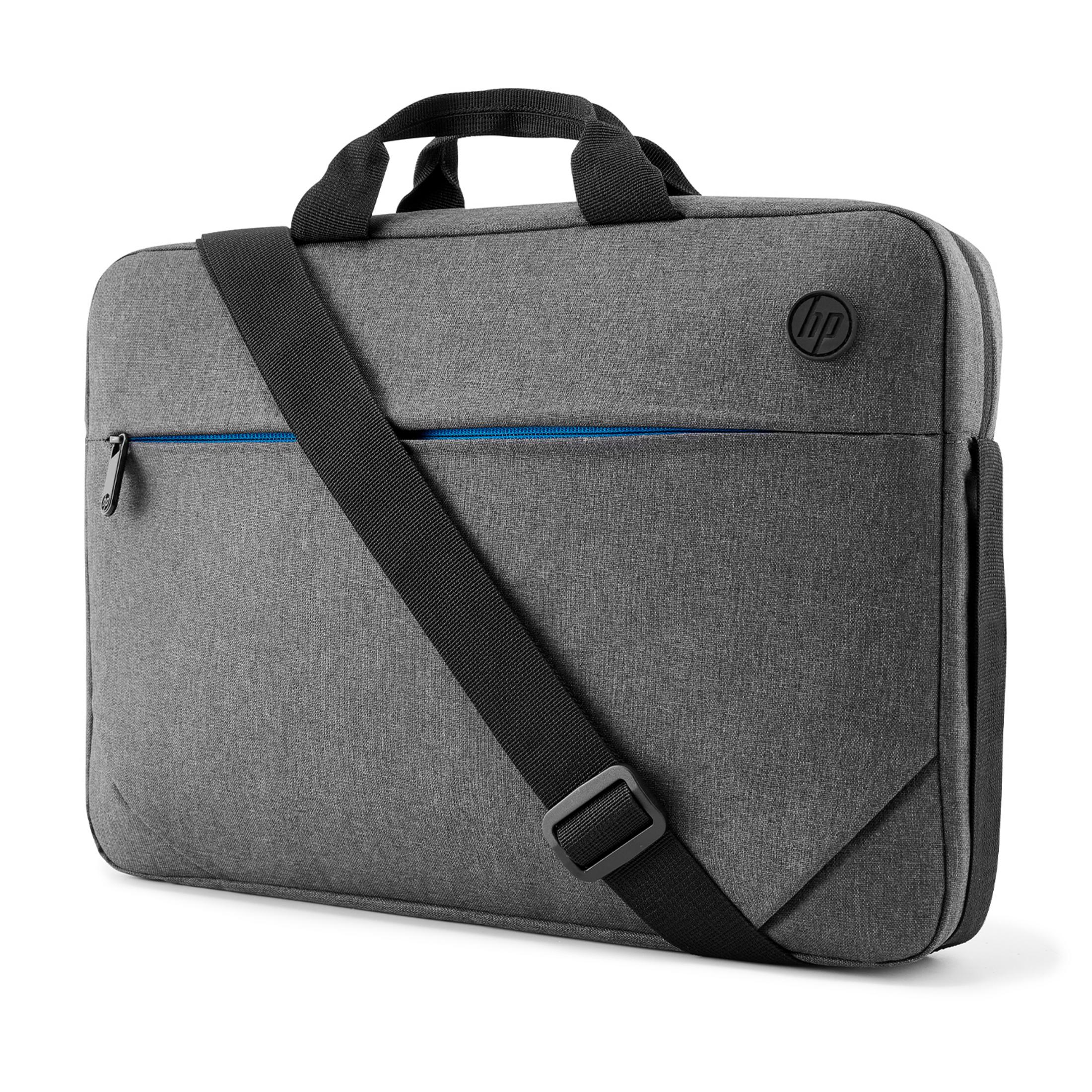 Szara torba na laptop z czarnym paskiem i logo HP.