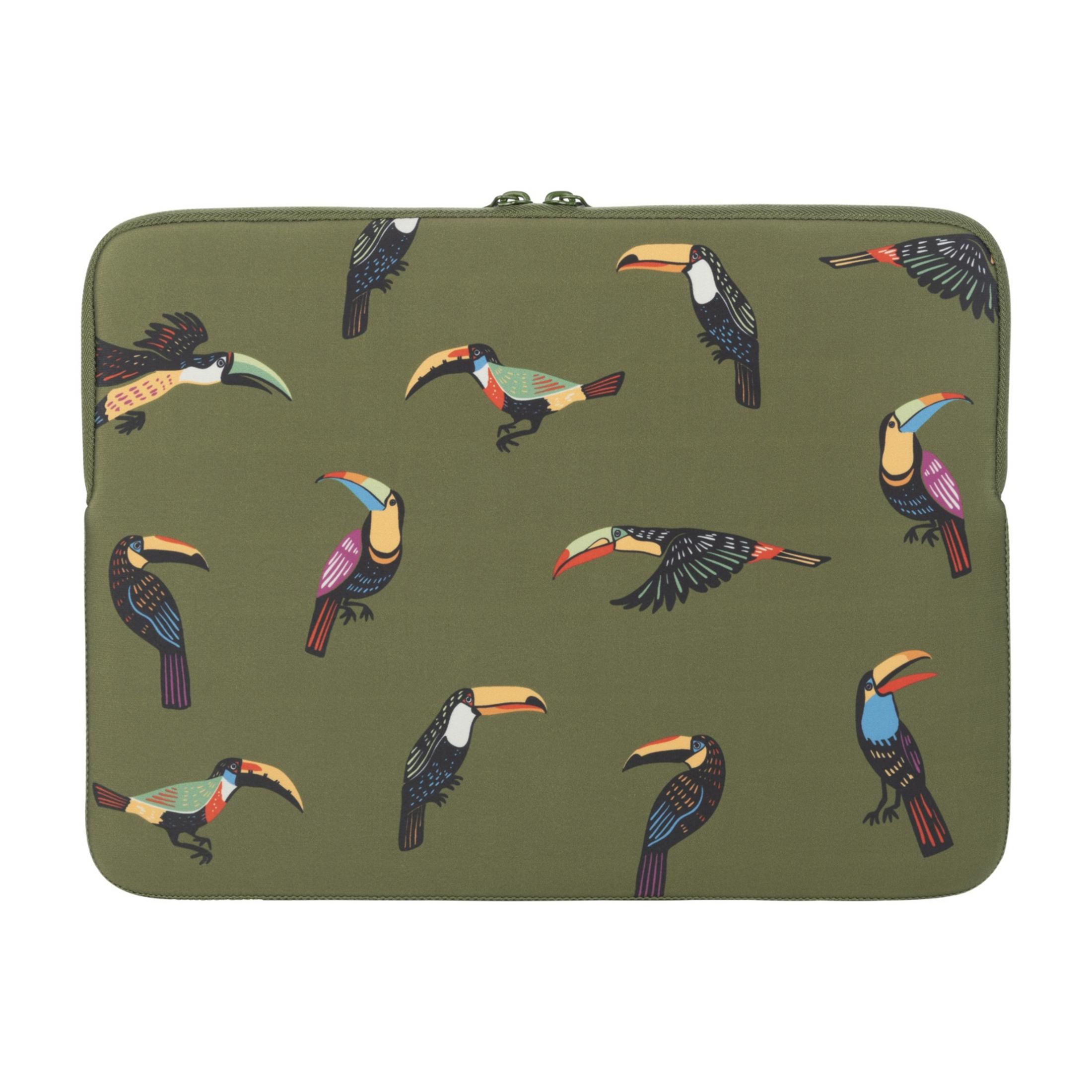 Custodia verde per laptop con fantasia di tucani colorati.