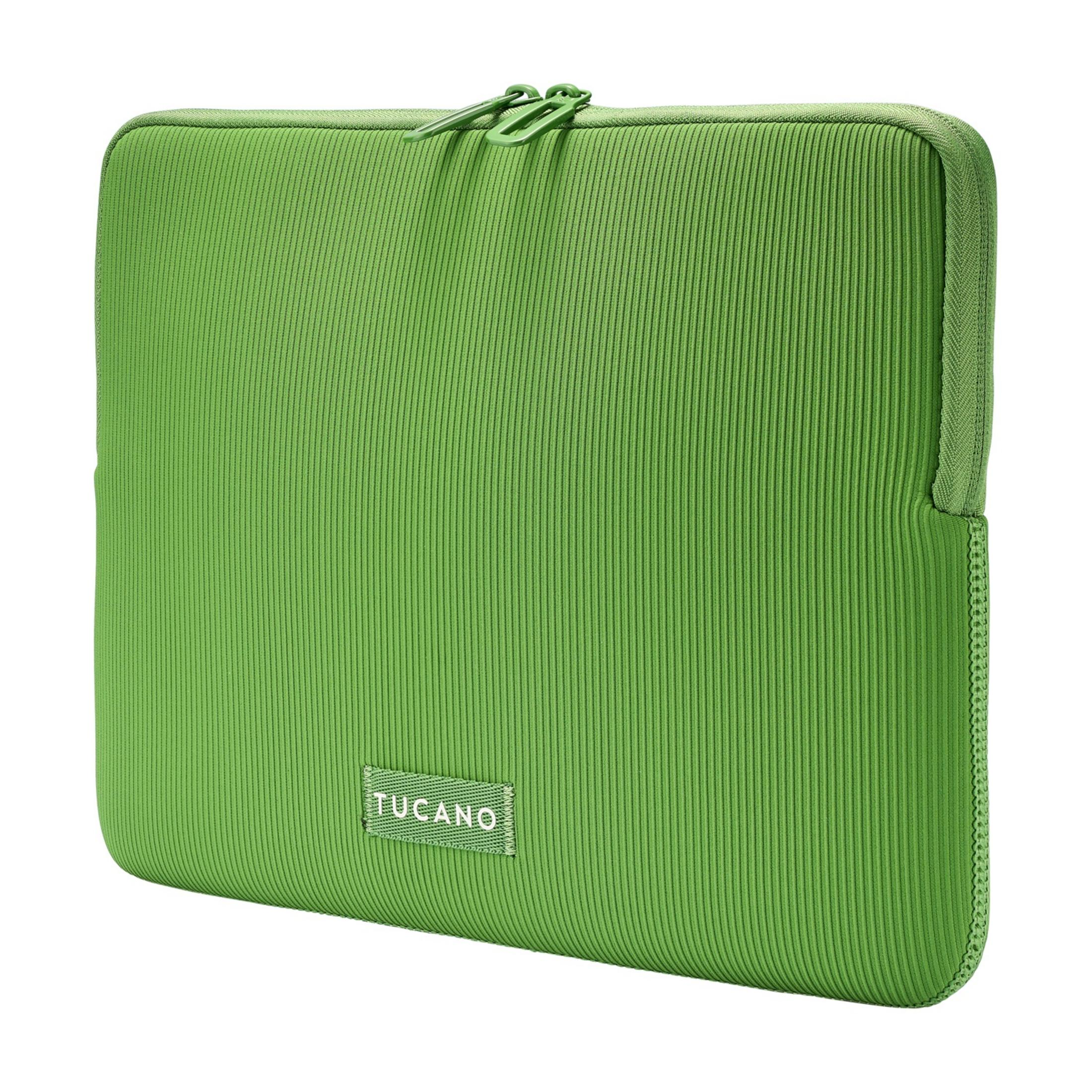 Green laptop sleeve with zipper and ribbed texture. Tucano logo.
