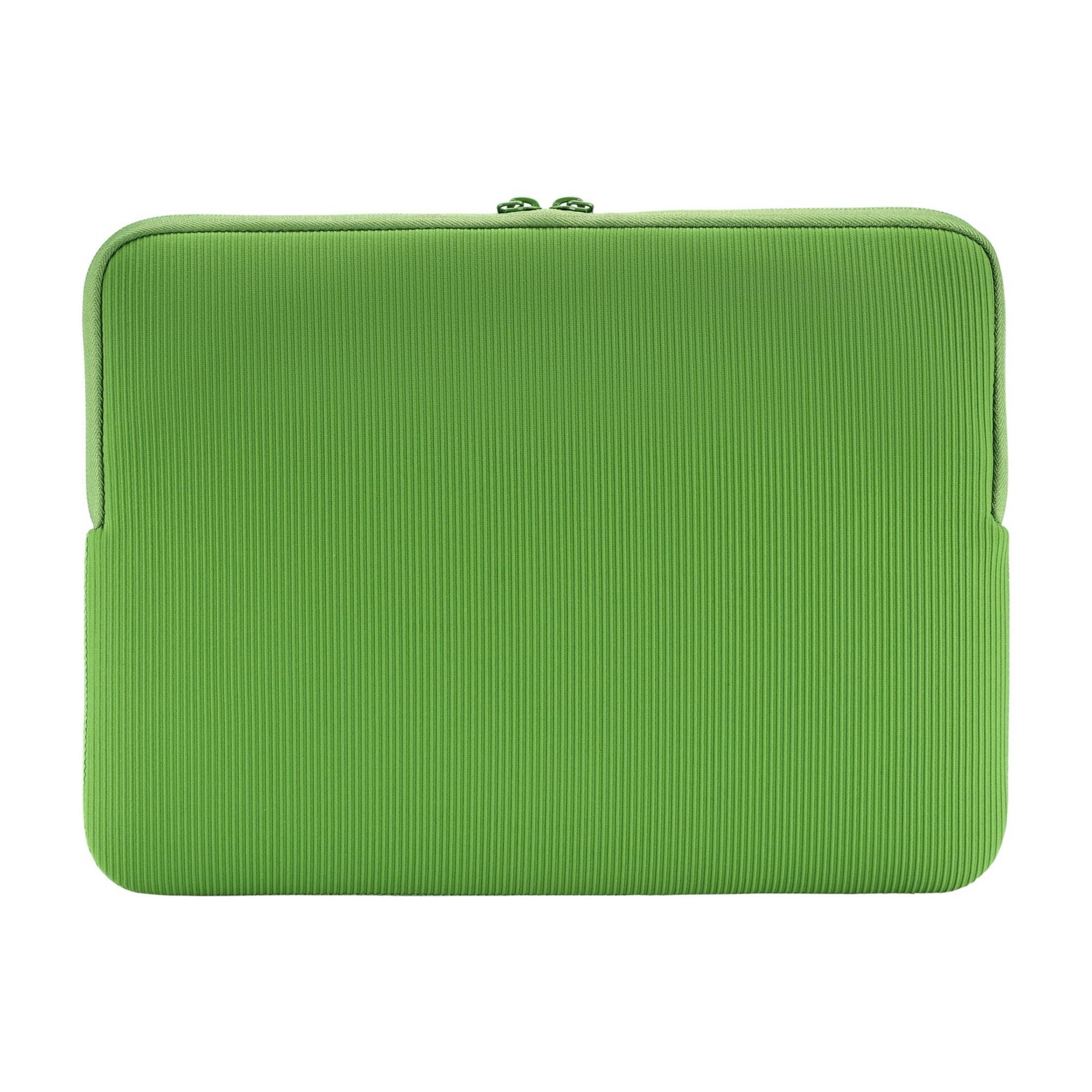 Green laptop sleeve with vertical ribs and a zipper.