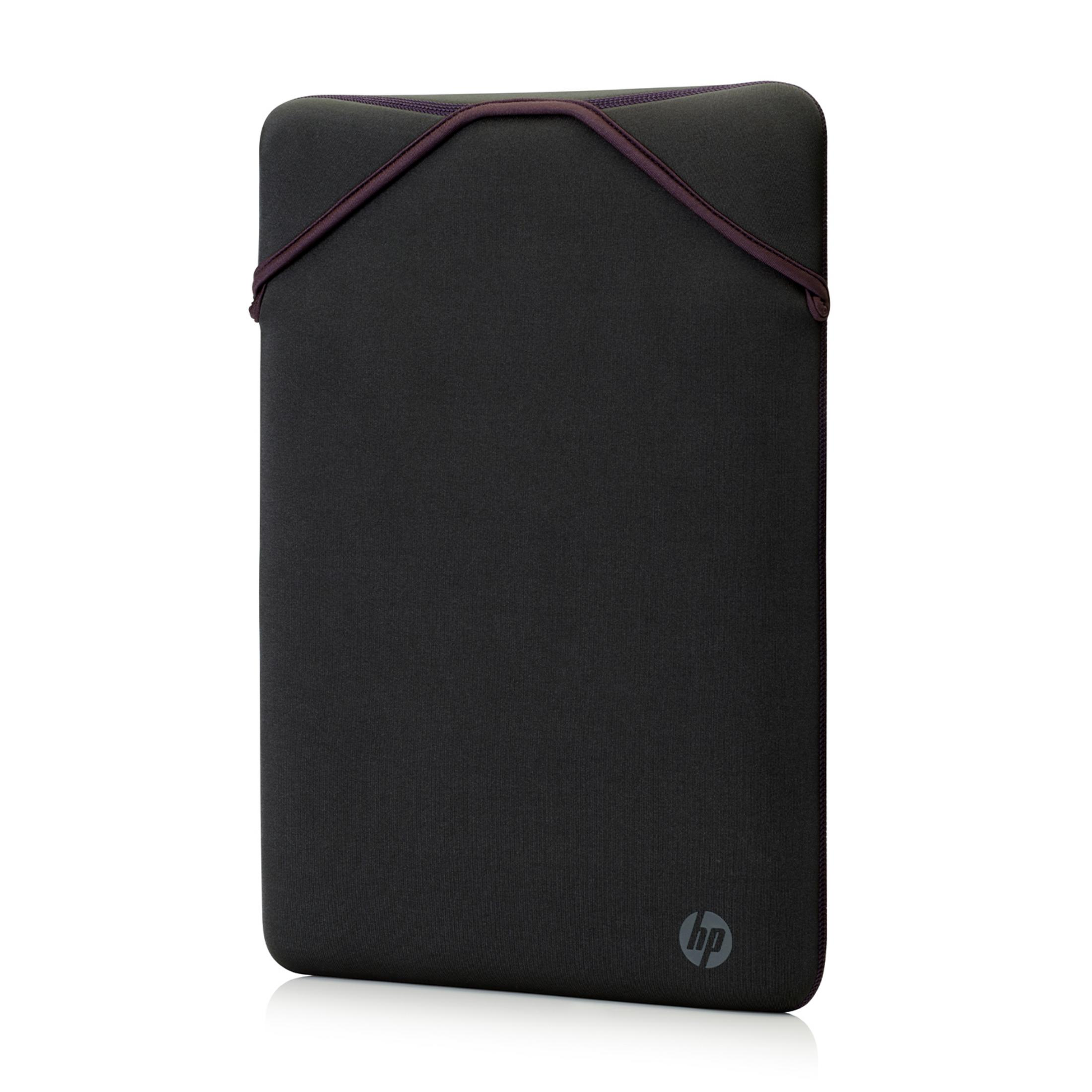 Schwarze Laptoptasche mit HP Logo und violetter Naht.