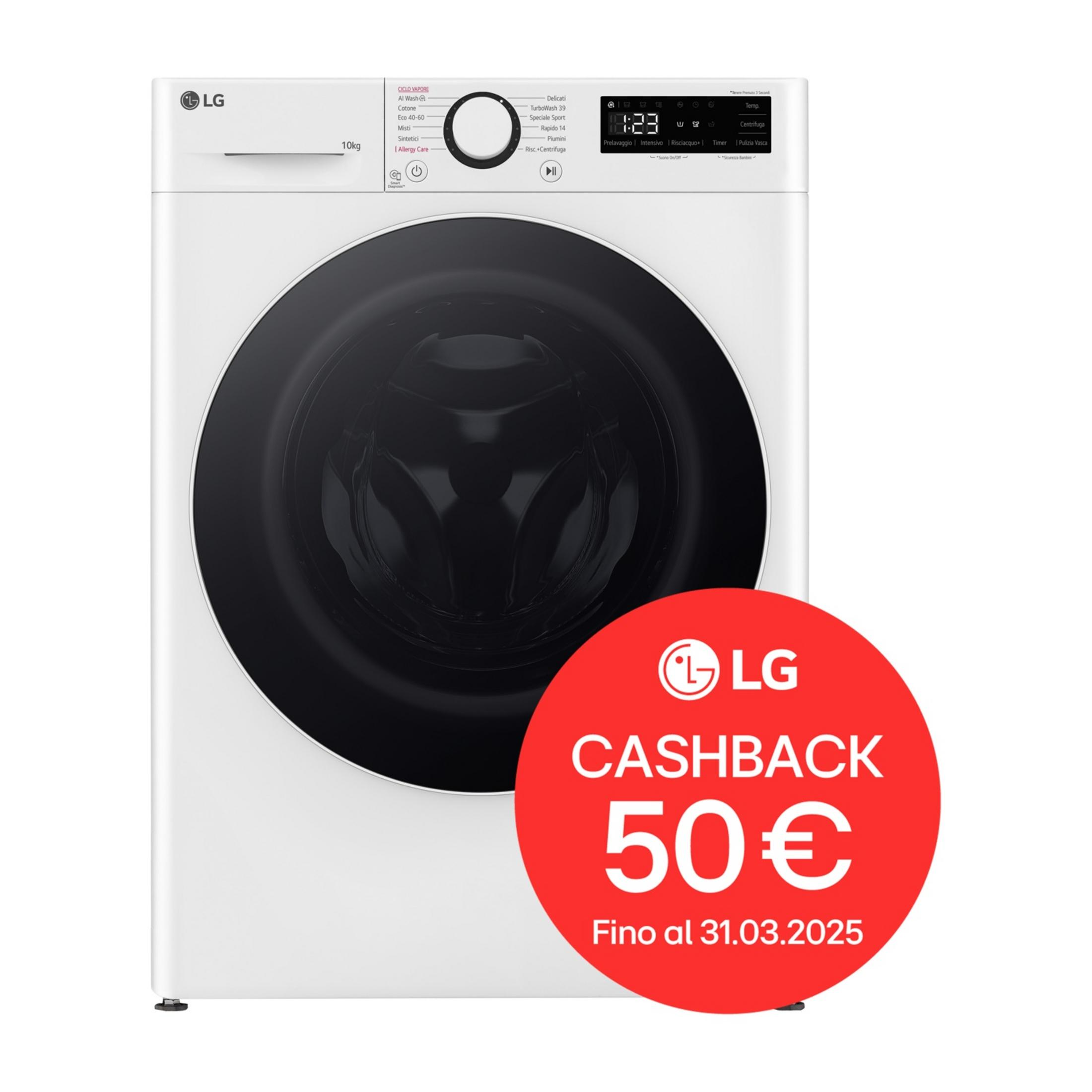 Lavatrice LG bianca con oblò nero e cartello rosso cashback.