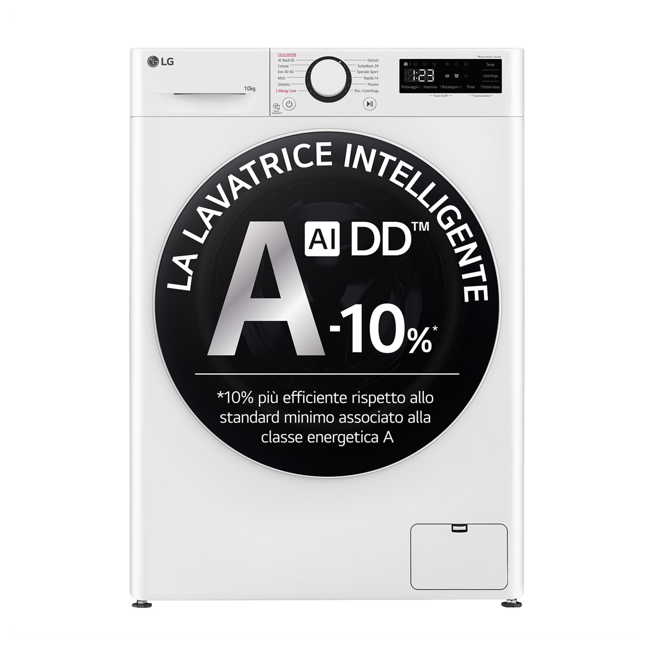 Lavatrice LG bianca con display e pannello comandi. Grande cerchio nero con scritte bianche.