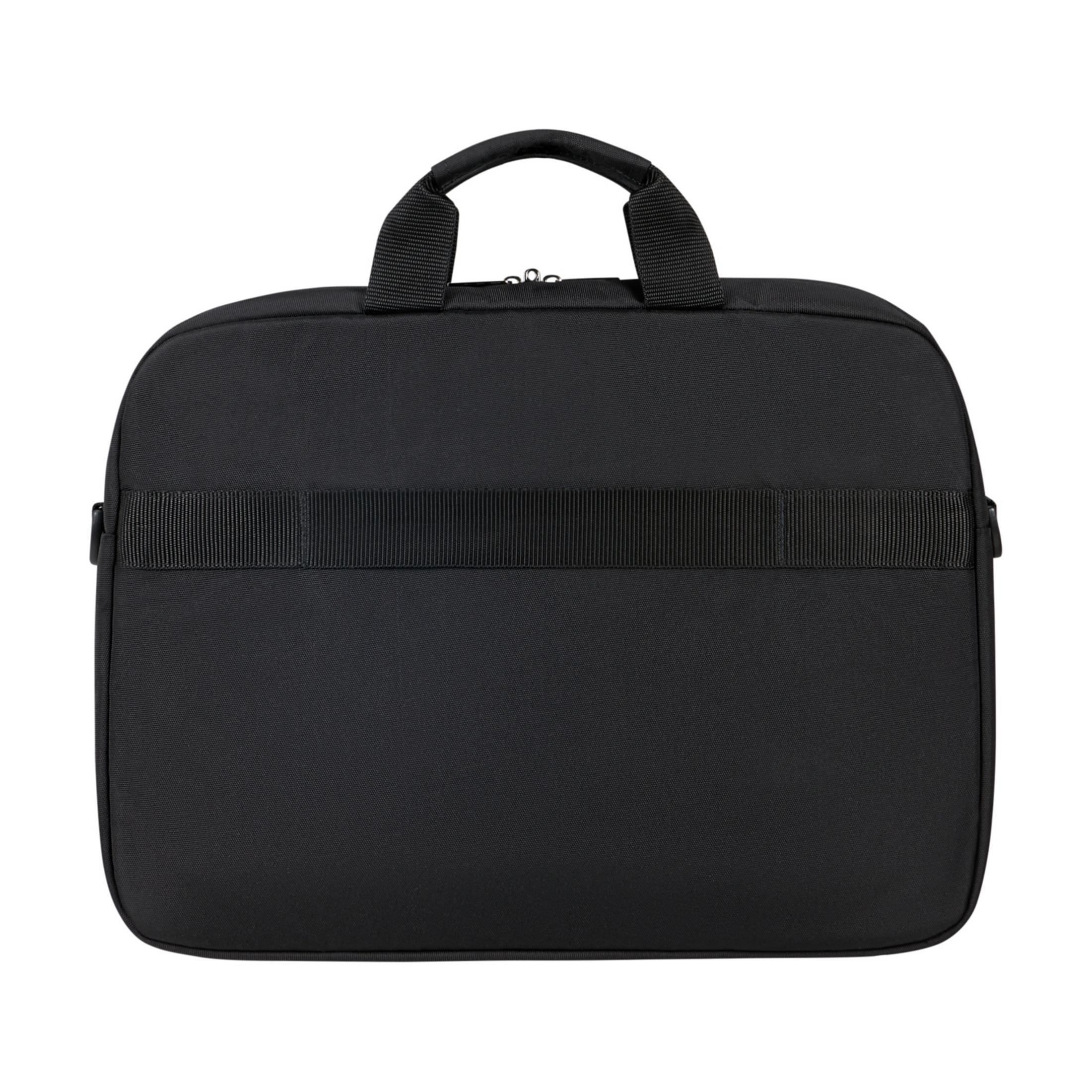 Sacoche noire pour ordinateur portable avec poignées et une large sangle sur le devant.