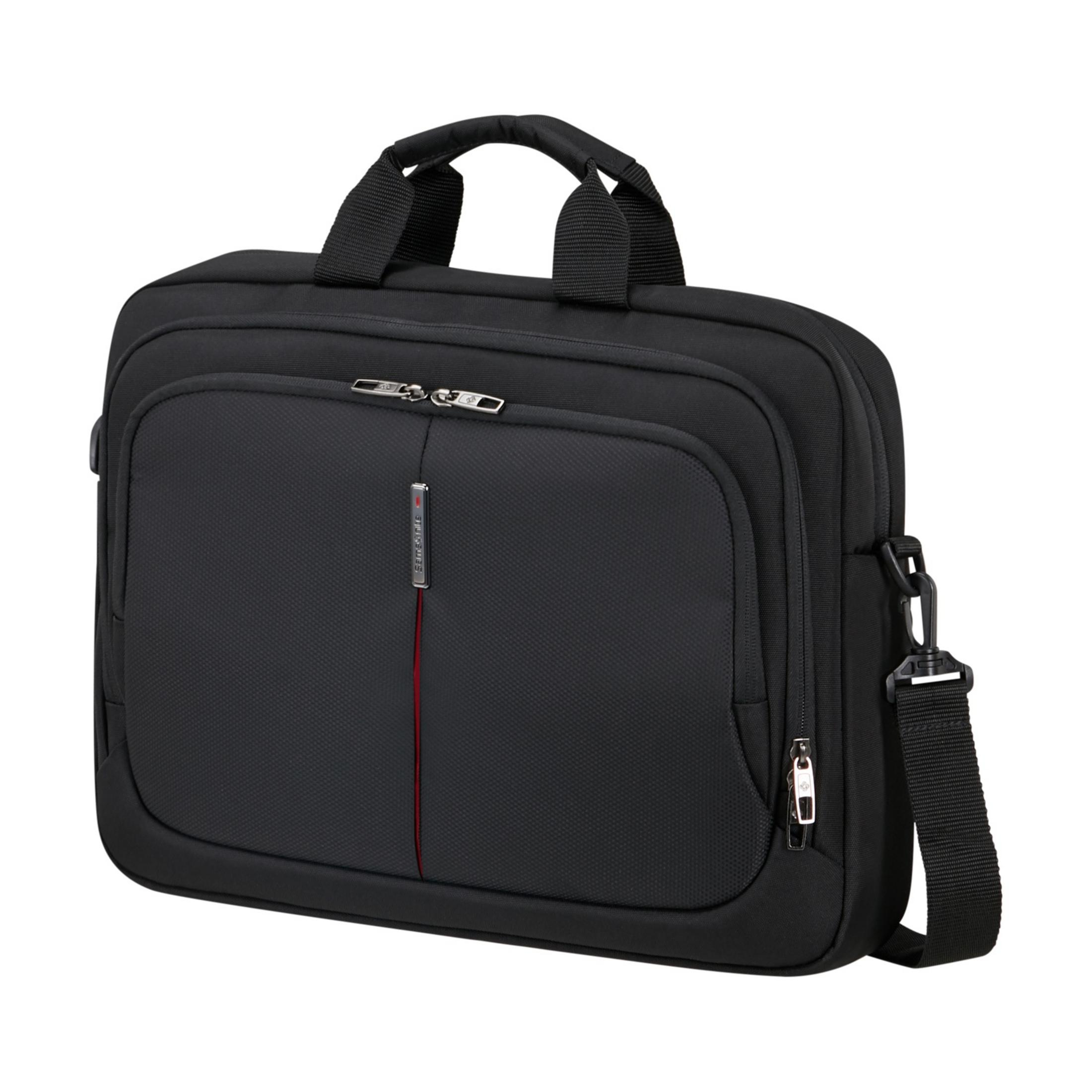 Sacoche noire pour ordinateur portable avec poignées et bandoulière, accent rouge.