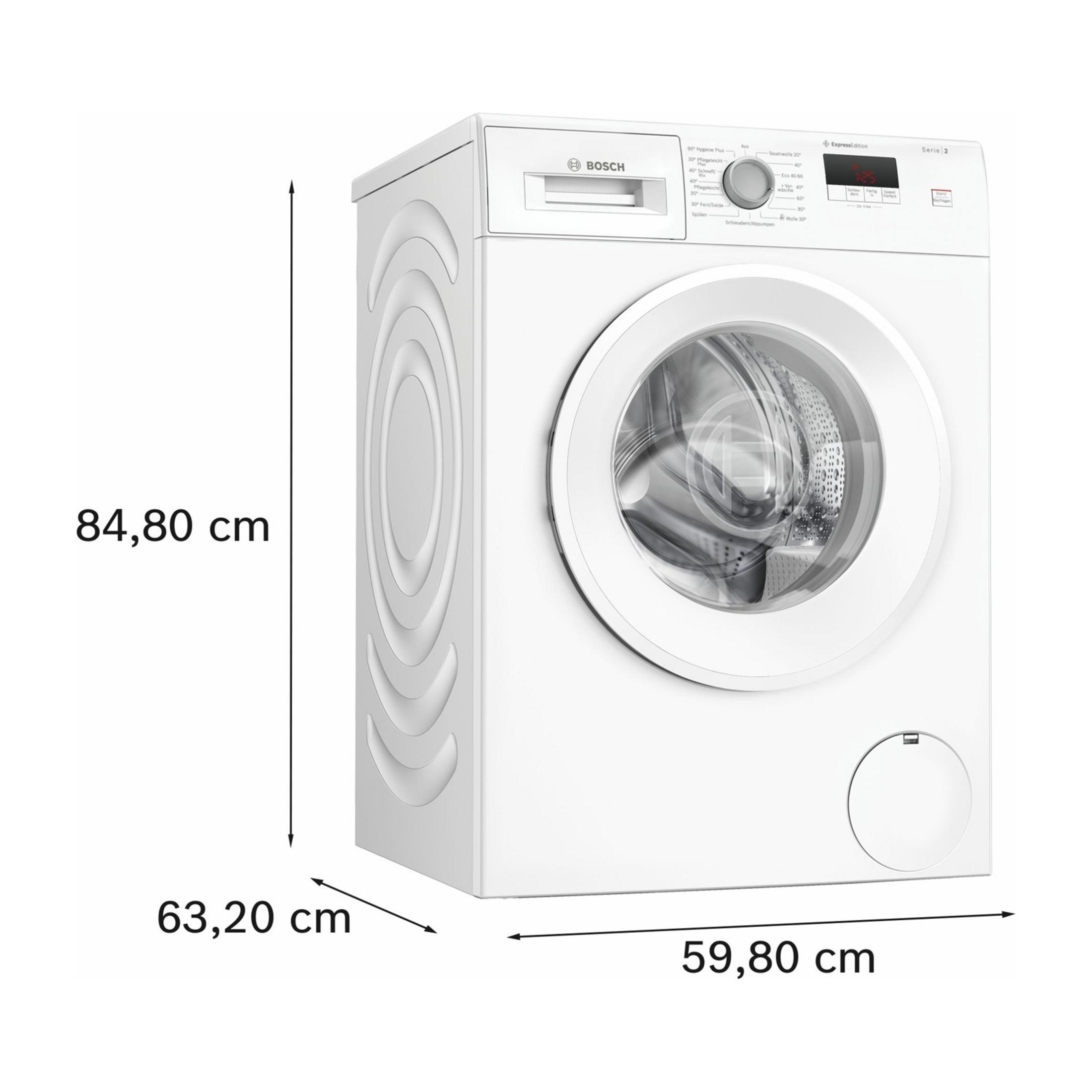 Weiße Bosch Waschmaschine mit Maßen 84,80x63,20x59,80 cm.