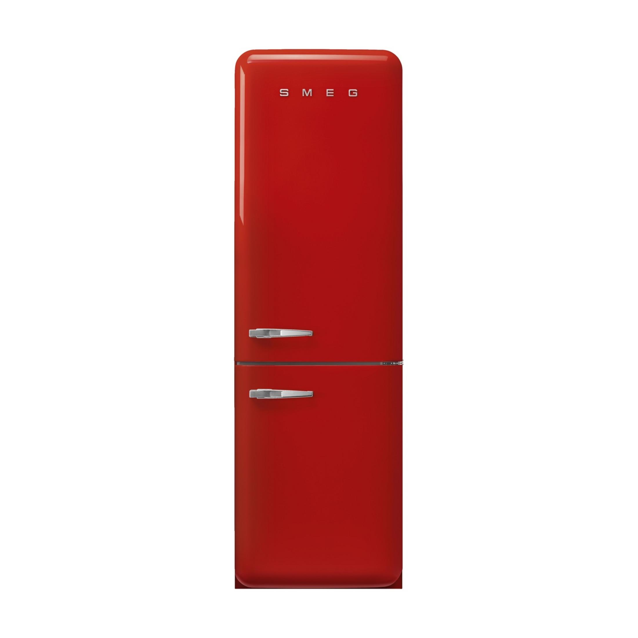 Roter SMEG Kühlschrank mit silbernen Griffen und Logo.