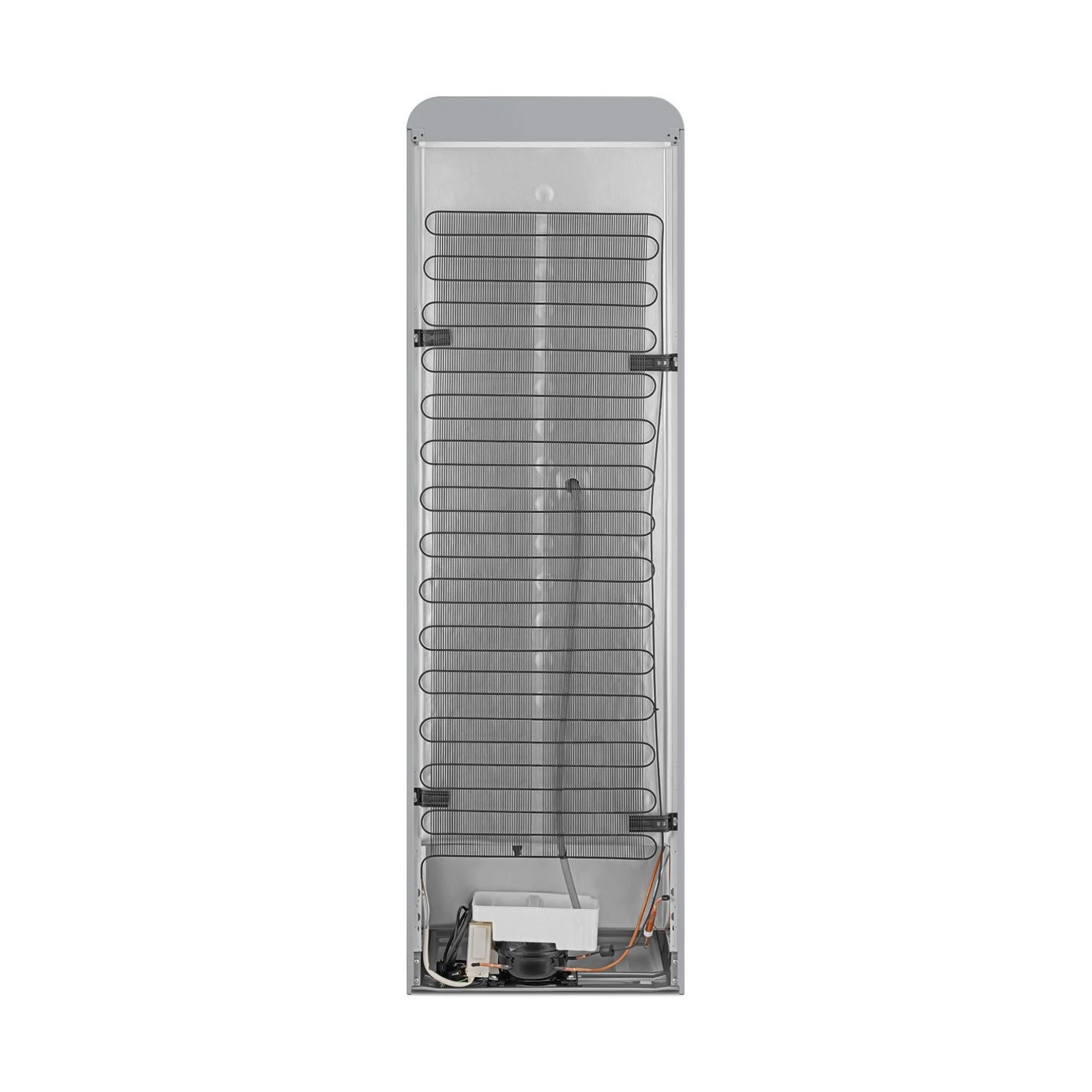 Parte trasera de un refrigerador mostrando compresor, ventilador y serpentines.
