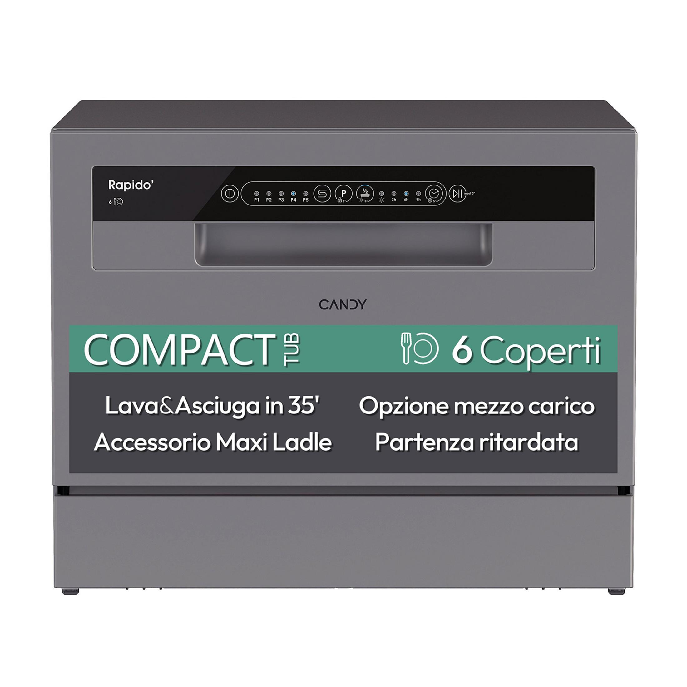 Szara zmywarka z panelem sterowania z napisami 'Rapido', 'Compact Tub', '6 Coperti'.