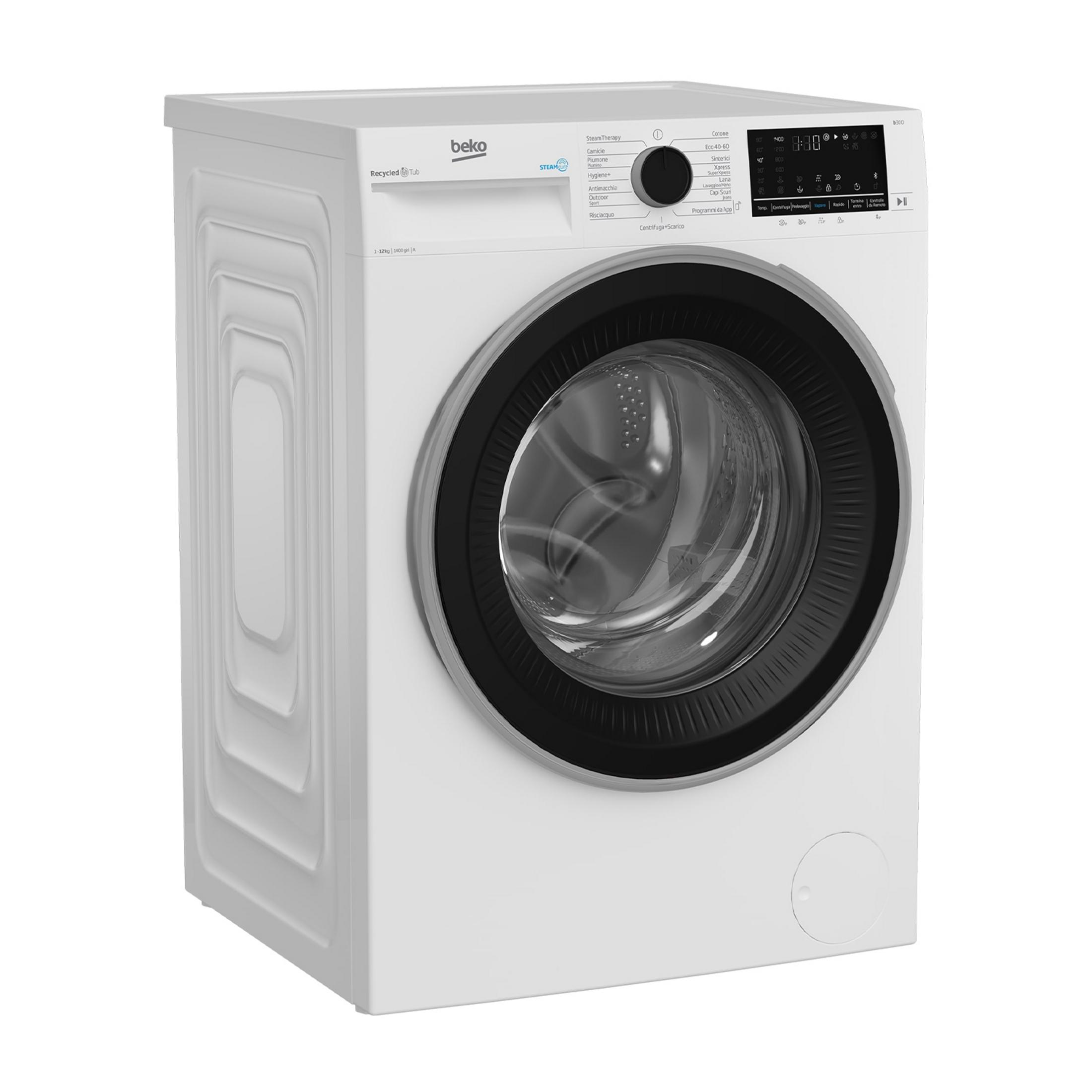 Una lavatrice Beko bianca con oblò e pannello comandi neri.