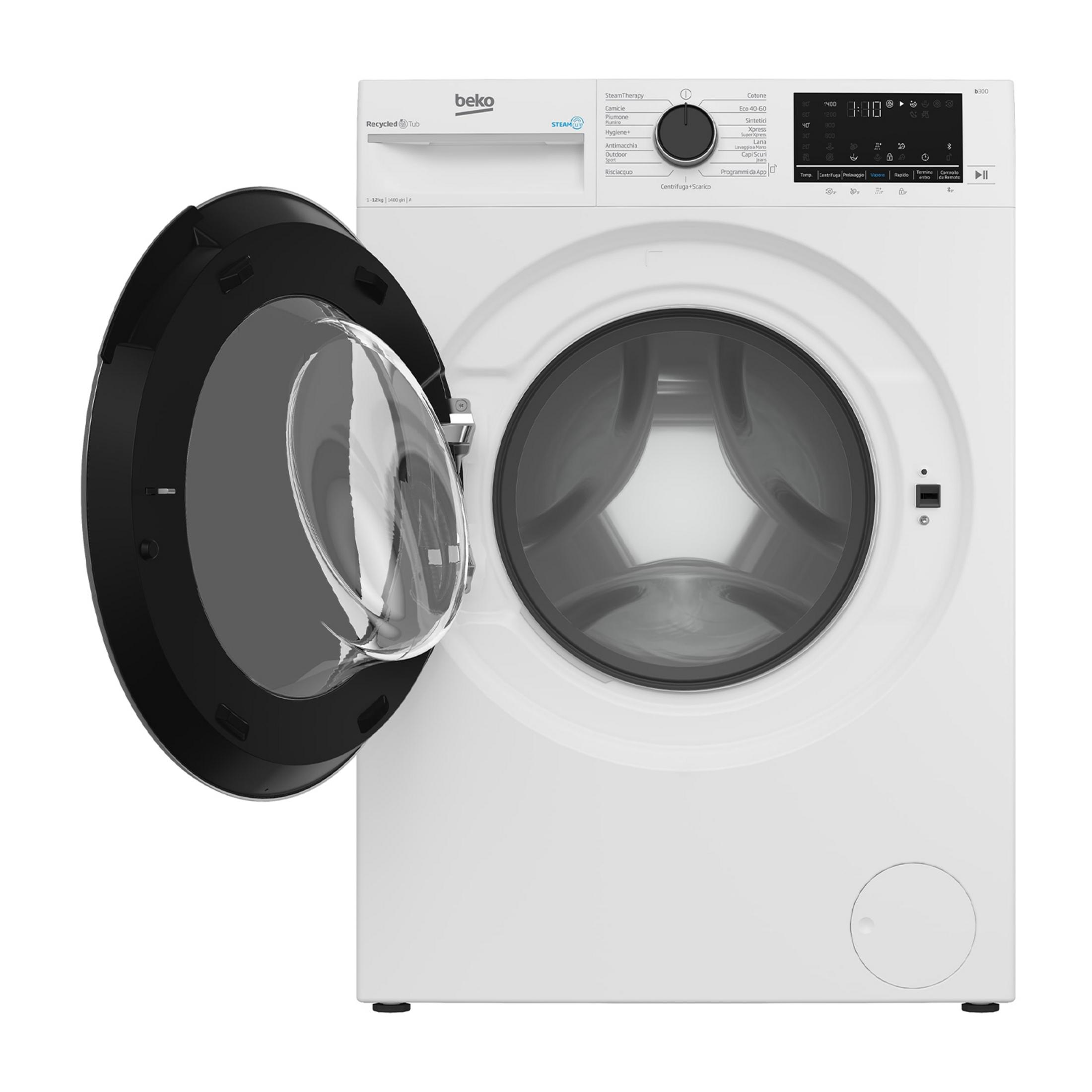 Una lavatrice Beko bianca con oblò aperto e display digitale.