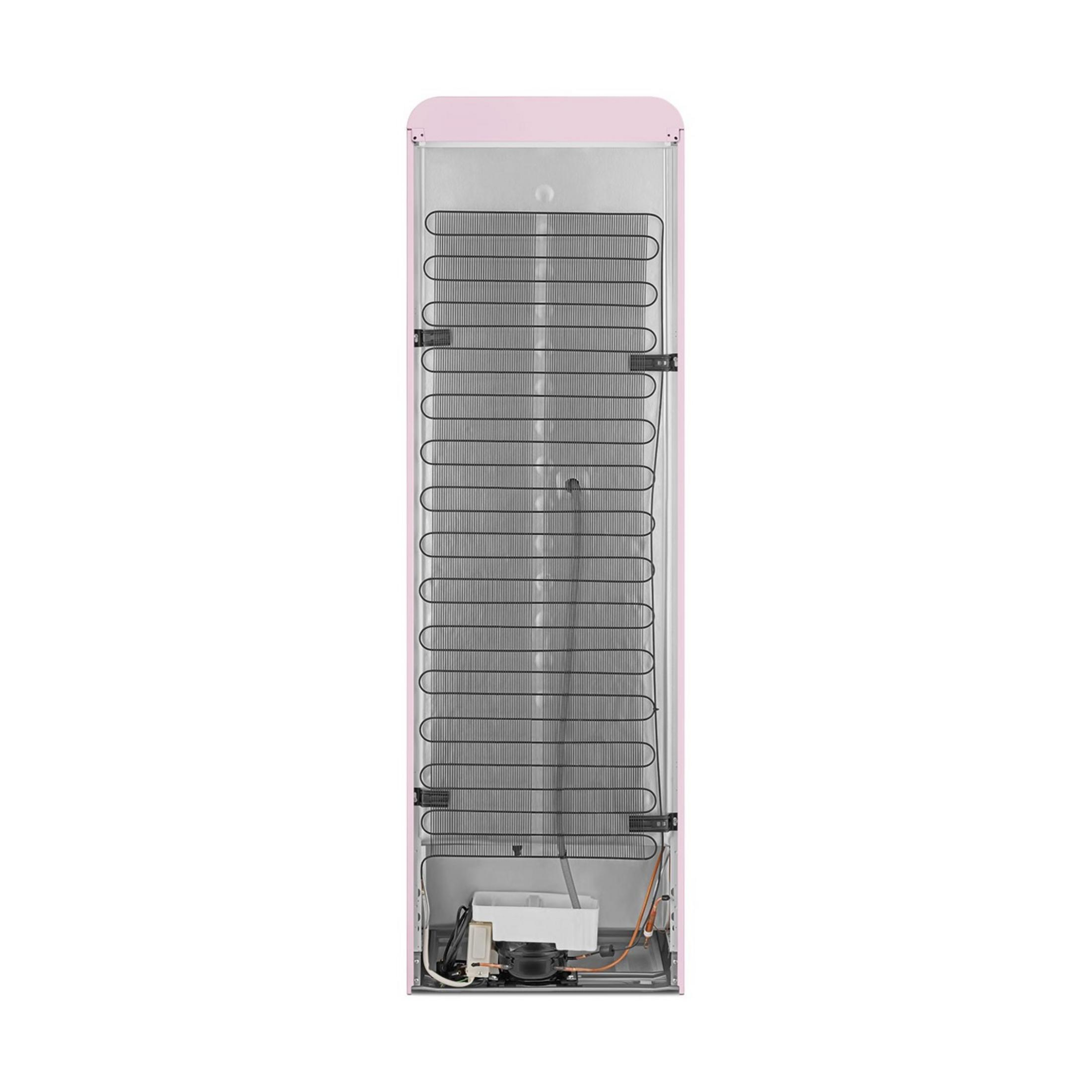 Parte trasera de un refrigerador rosa que muestra el compresor y el sistema de refrigeración.
