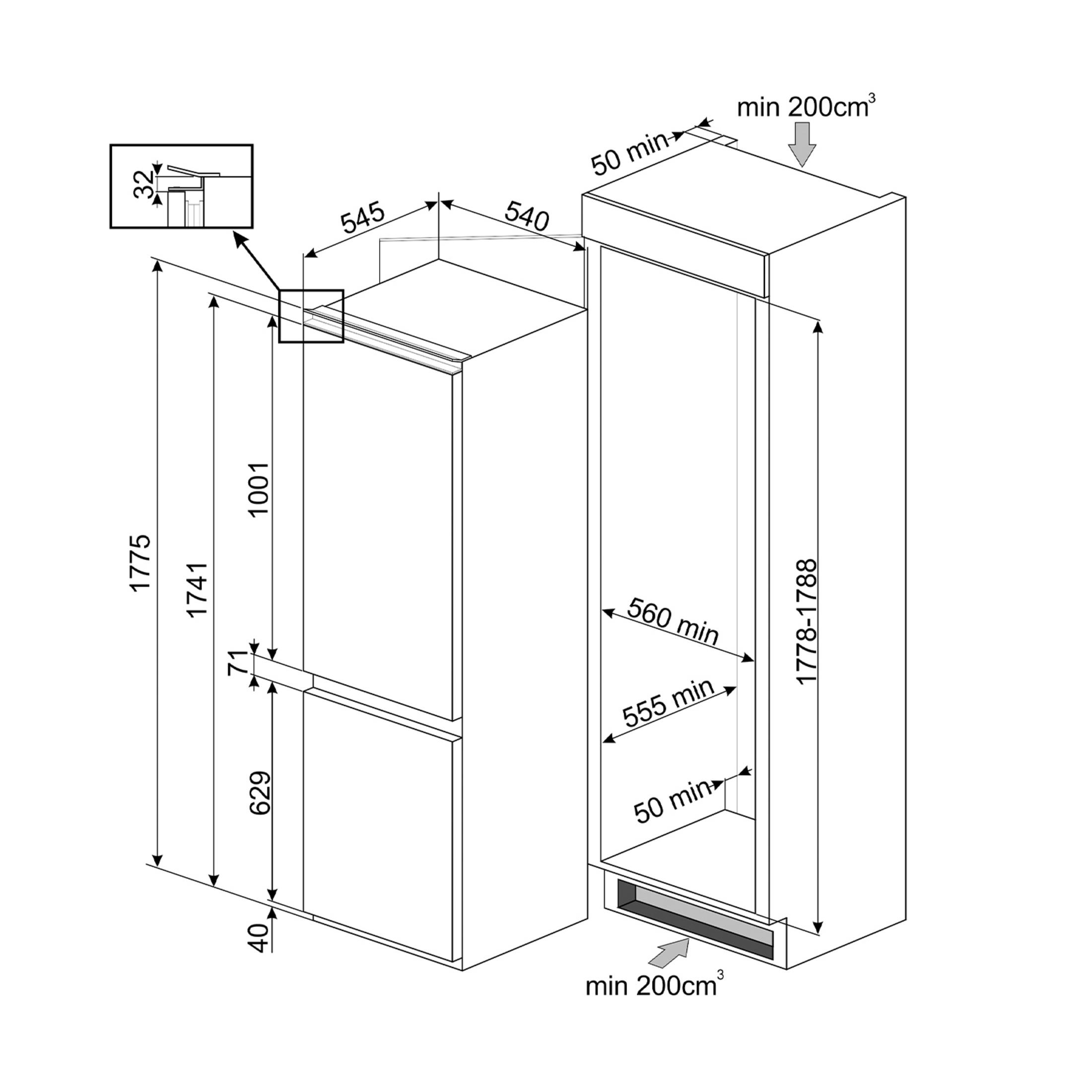 Rysunek techniczny lodówki/zamrażarki z wymiarami i wskazówkami montażu.