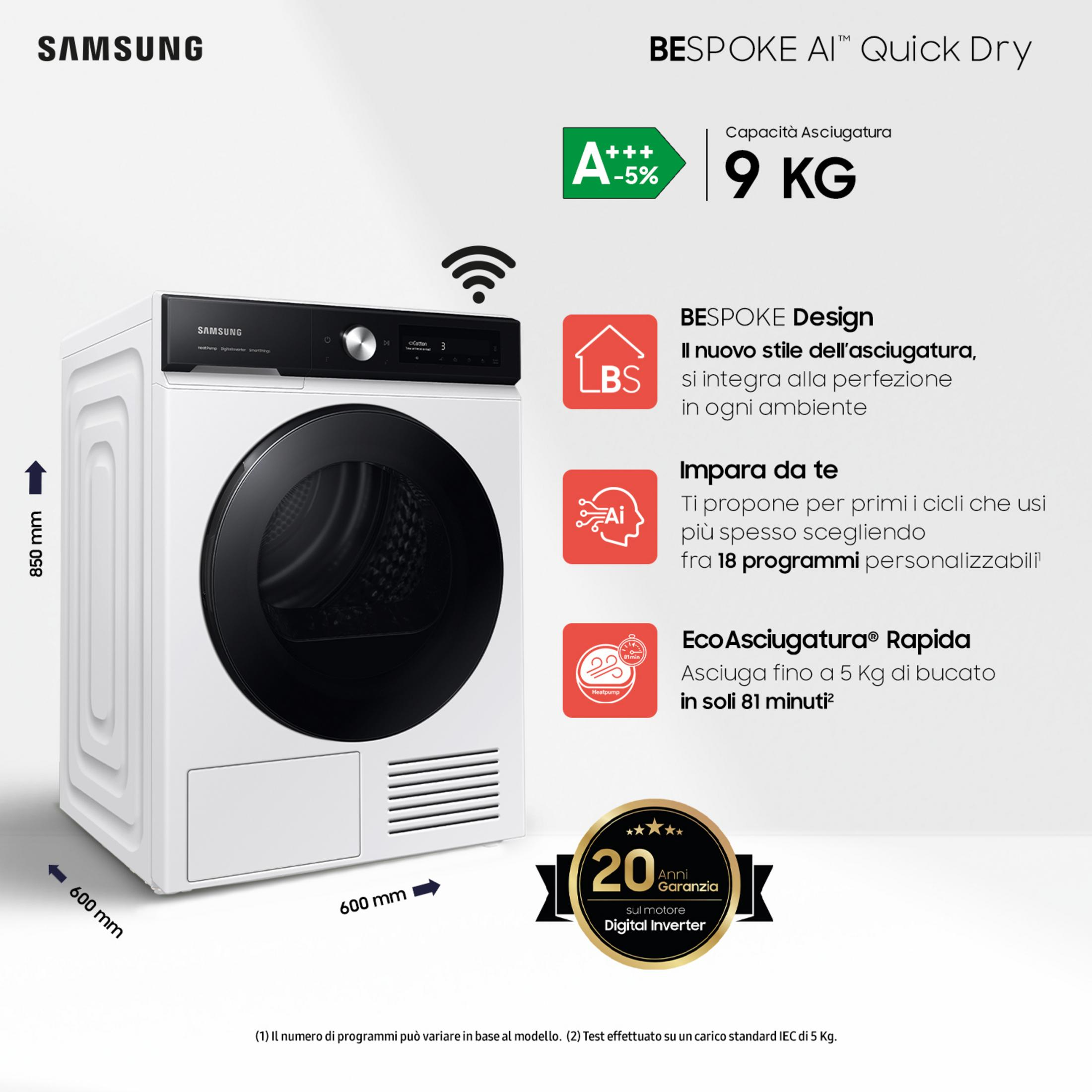 Asciugatrice Samsung bianca, capacità 9 kg, classe energetica A+++.