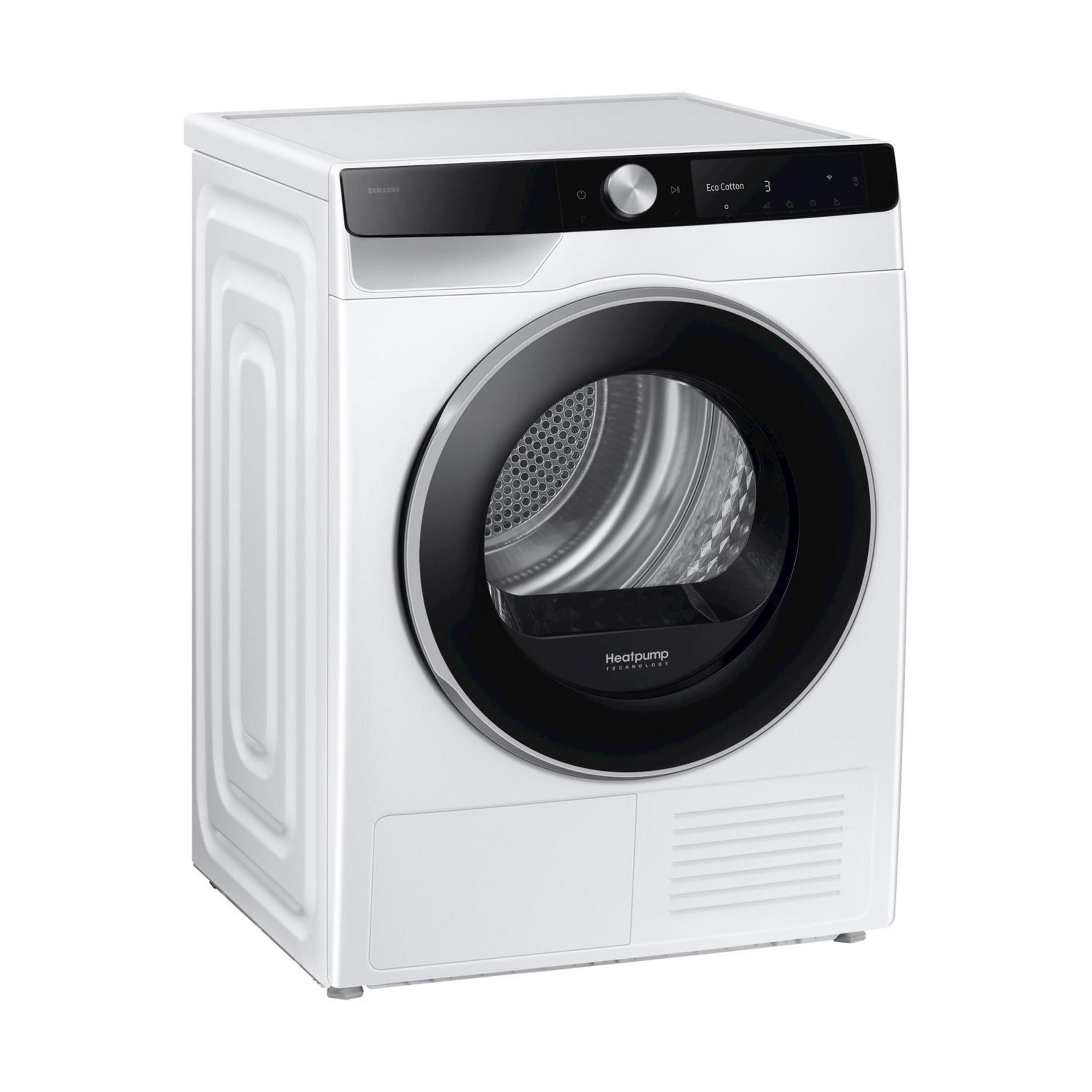 Biała suszarka Samsung z pompą ciepła, czarnymi drzwiami i cyfrowym wyświetlaczem.