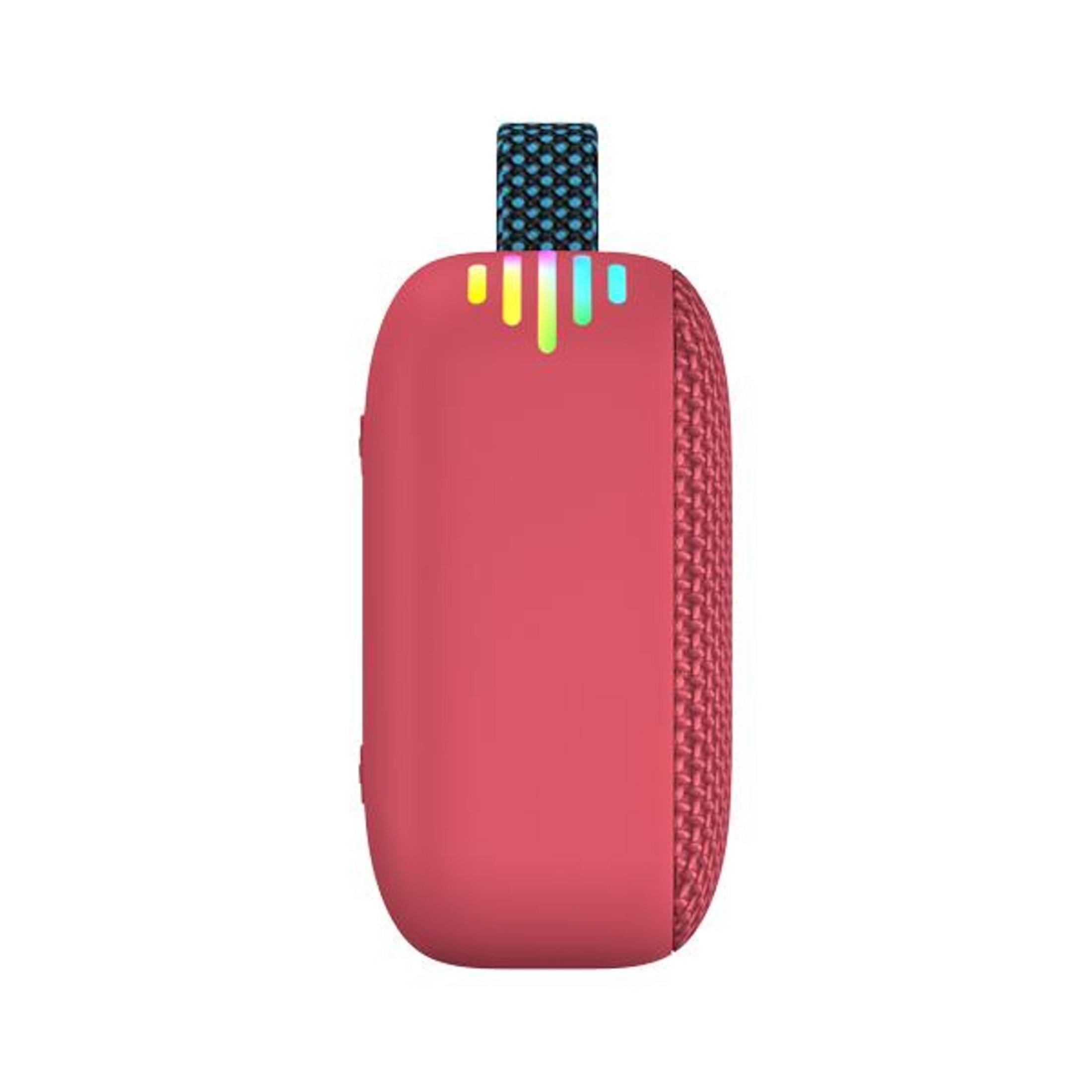 Un petit haut-parleur Bluetooth rouge avec une sangle bleu et noir.