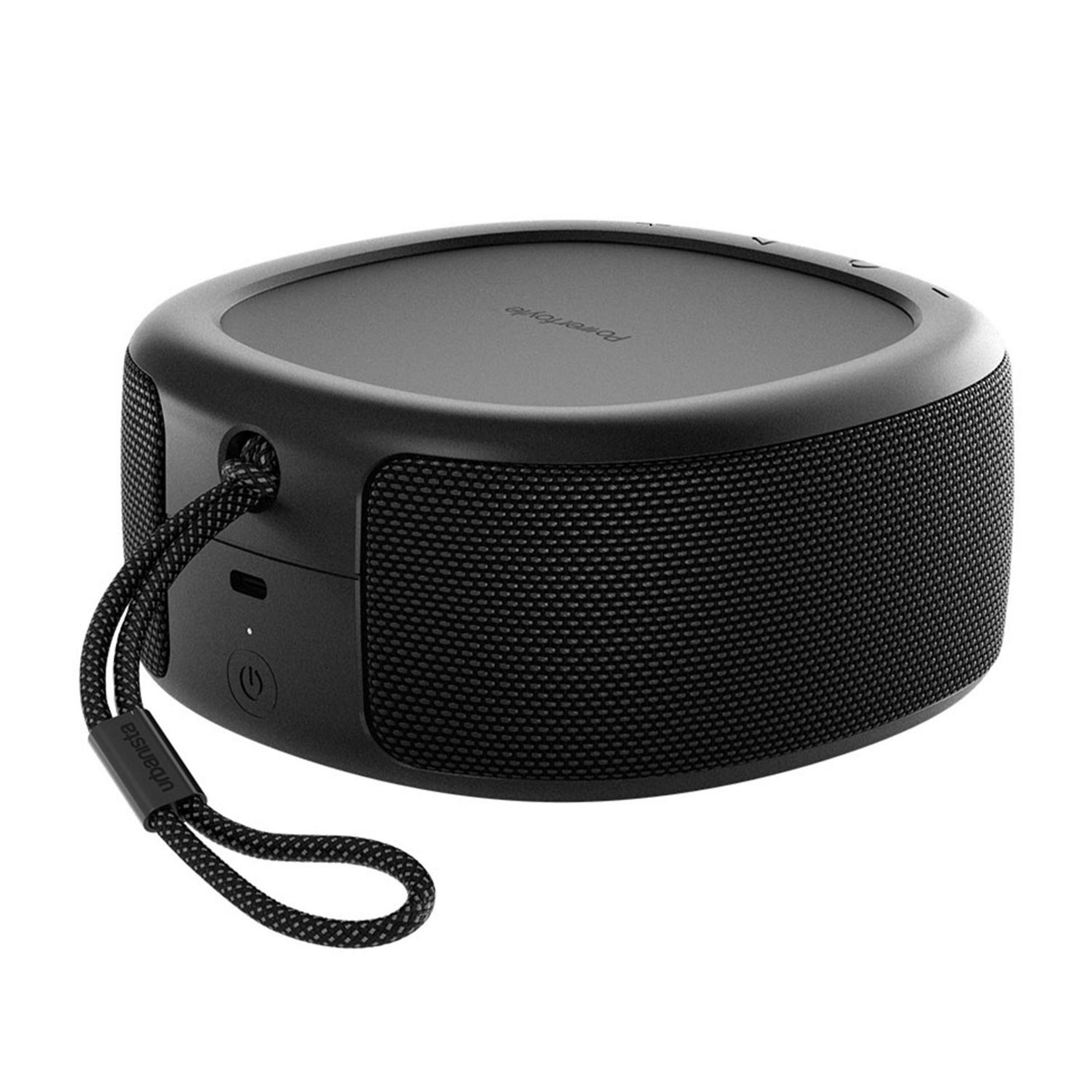 Enceinte portable noire avec une lanière et un bouton d'alimentation.