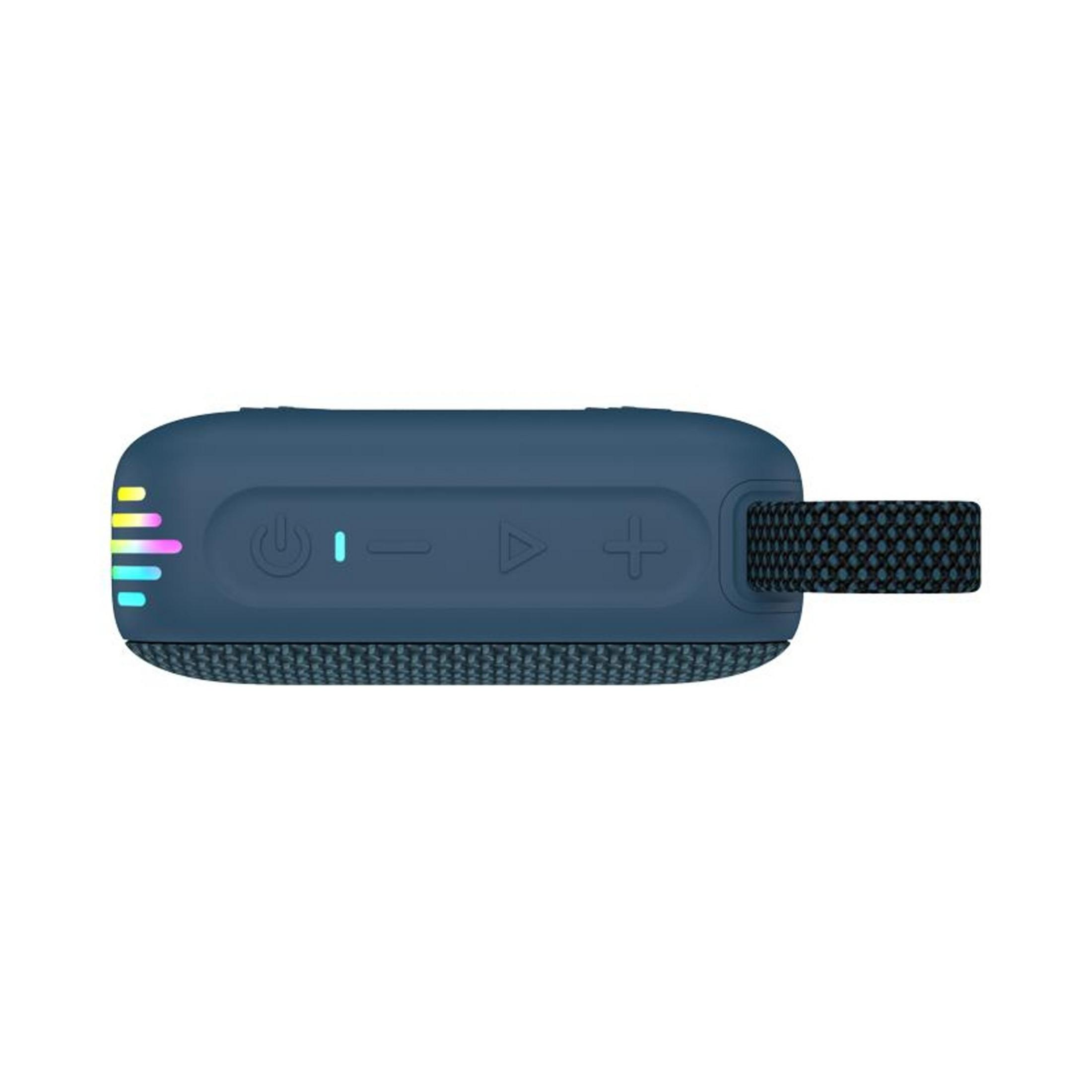 Altoparlante Bluetooth blu con cinturino e pulsanti illuminati.