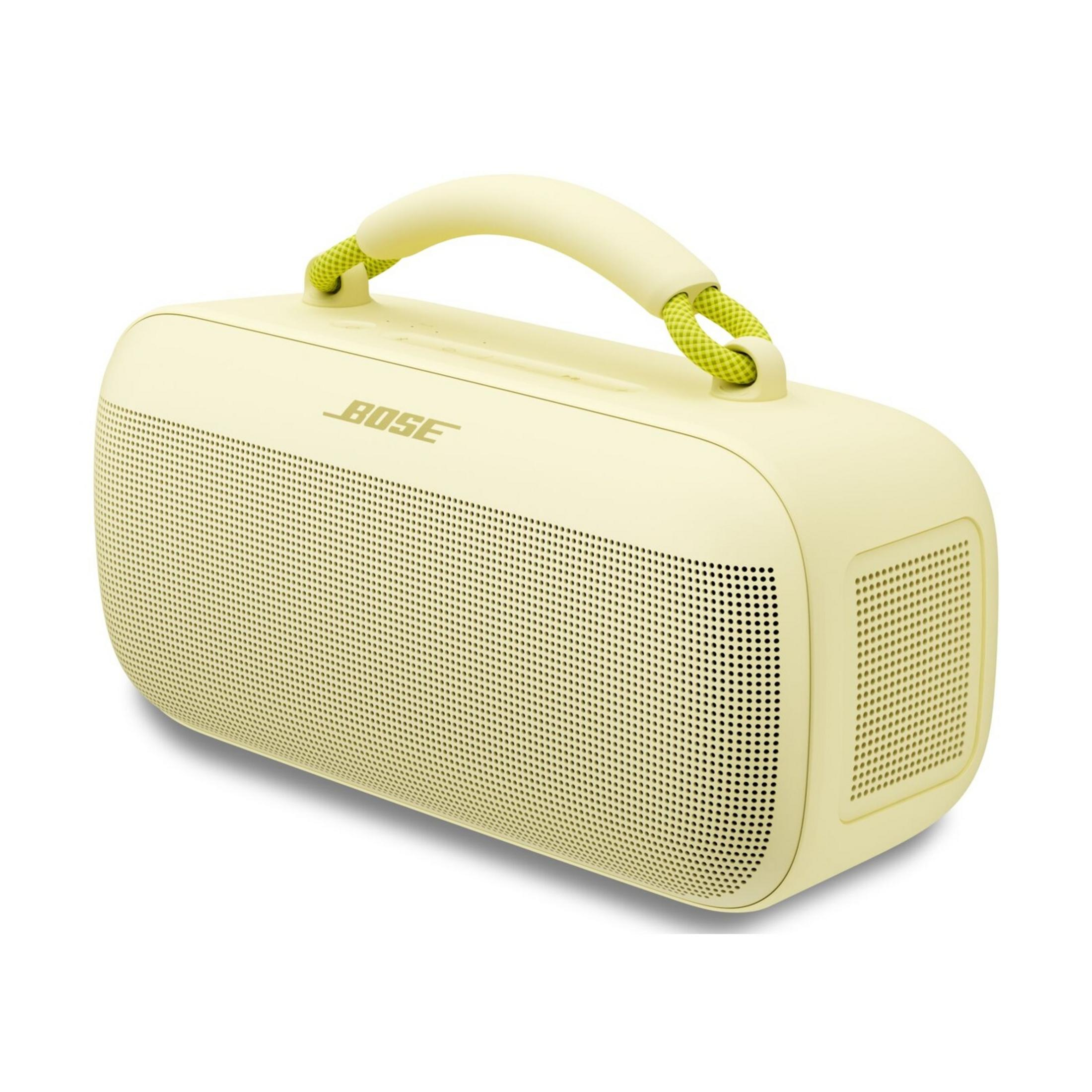 Żółty głośnik Bose z uchwytem i paskiem.