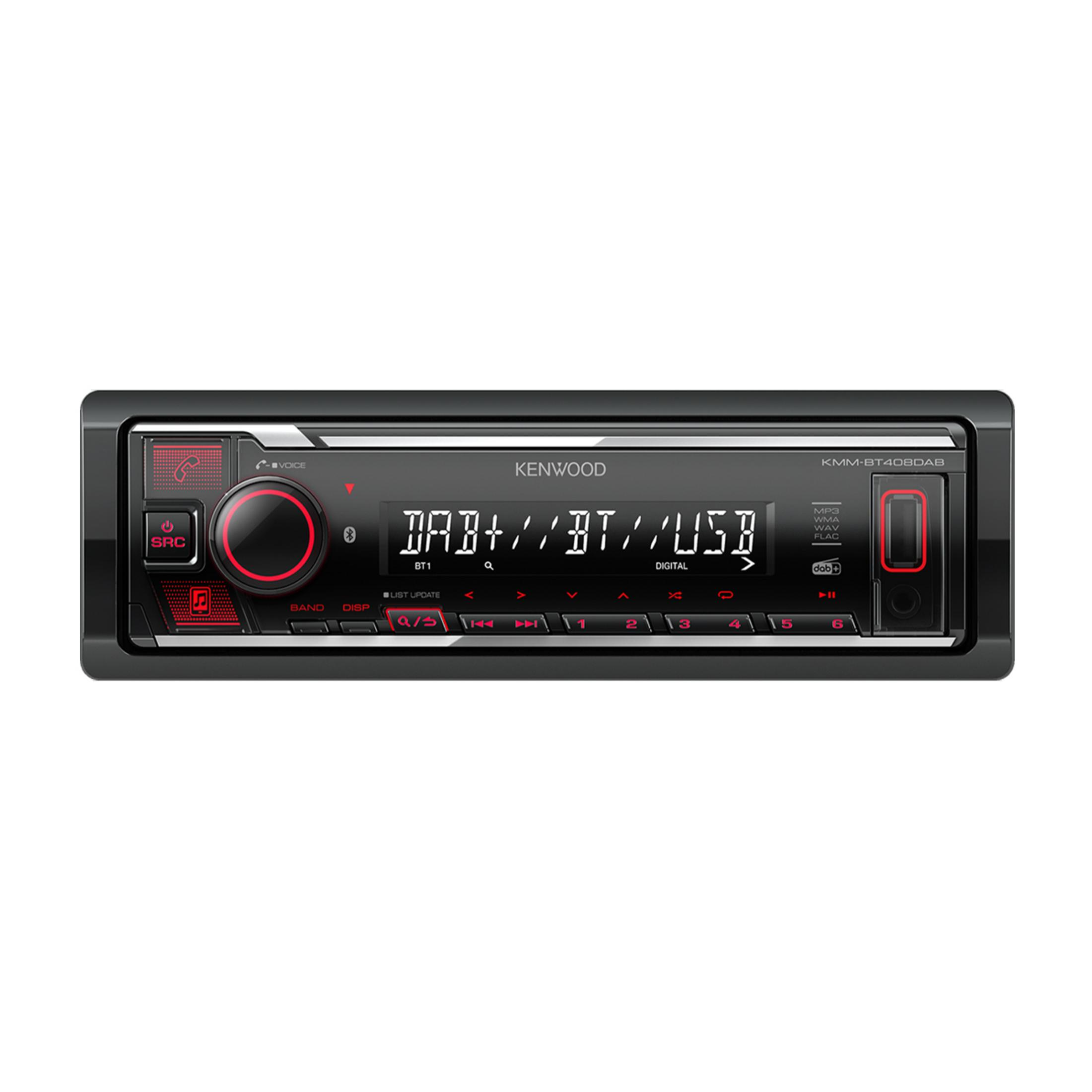 Autoradio Kenwood con manopola rossa, display mostra DAB+, BT, USB.