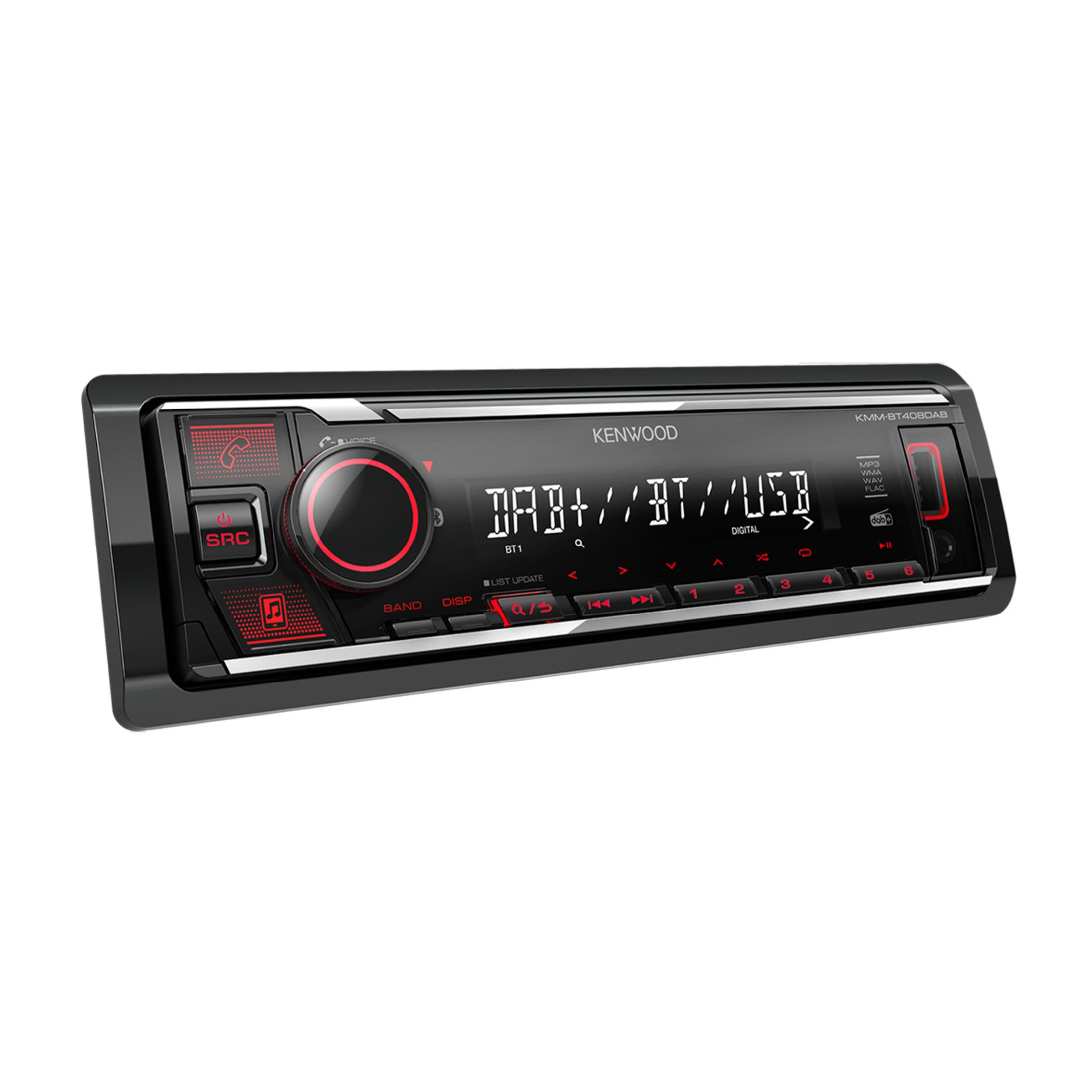Autoradio Kenwood con pulsanti e display illuminati in rosso.
