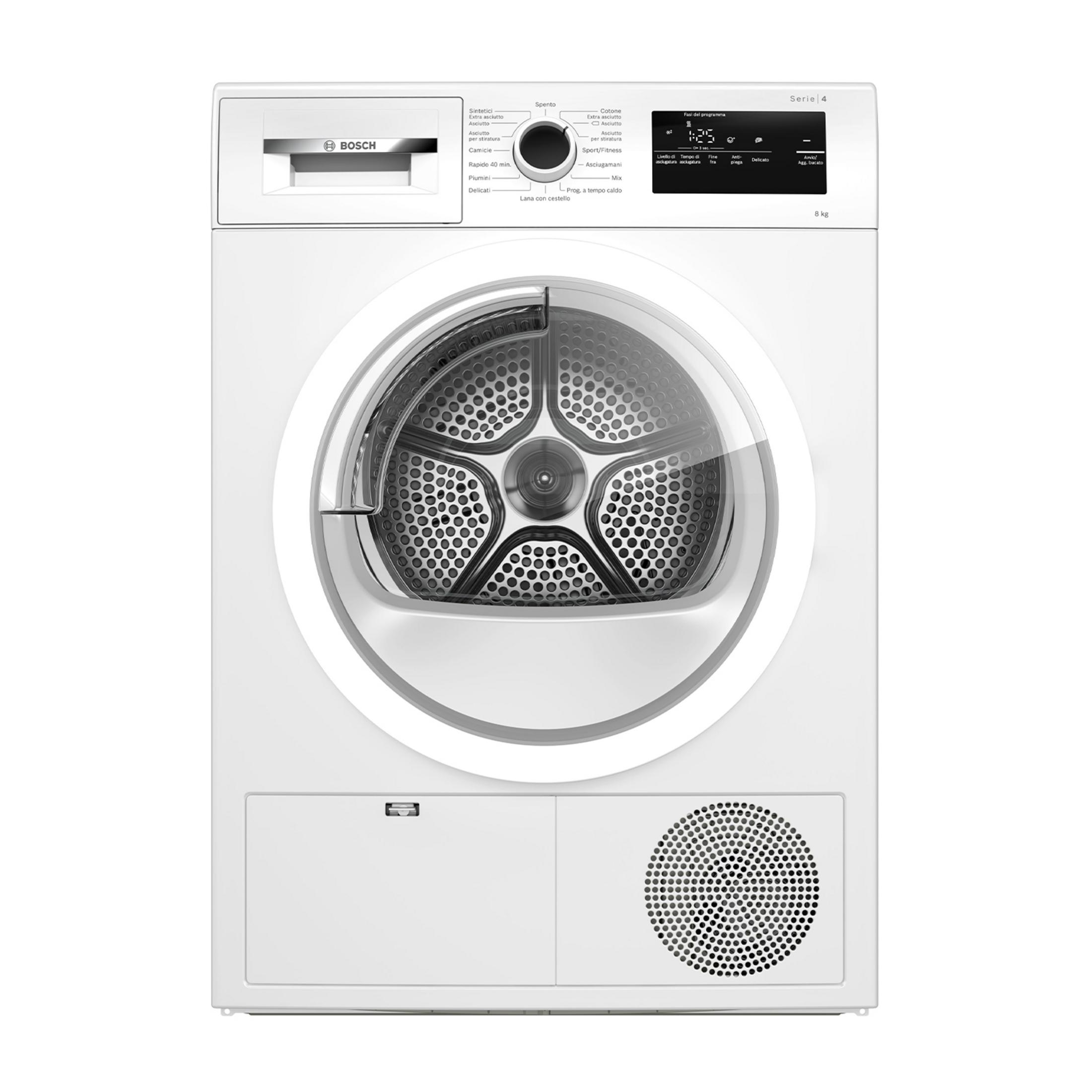 Una asciugatrice bianca Bosch Serie 4 da 8 kg, vista frontale.
