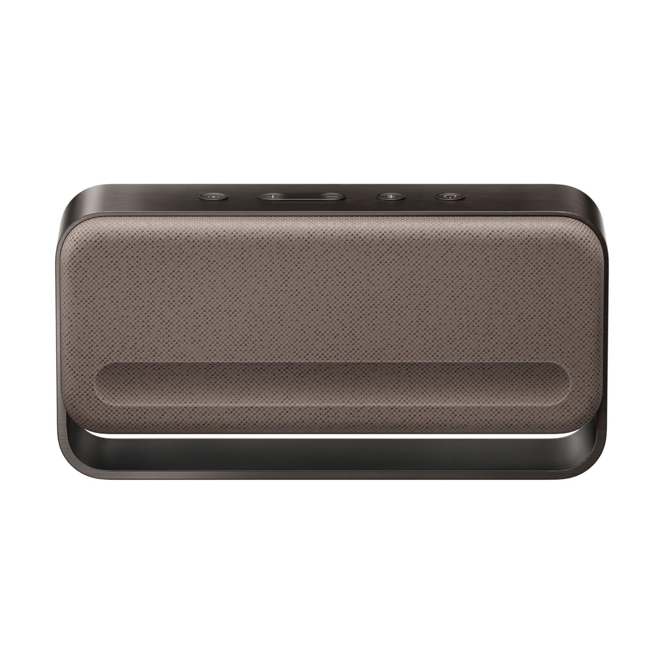 Prostokątny, brązowy głośnik ze srebrnymi przyciskami sterującymi na górze.