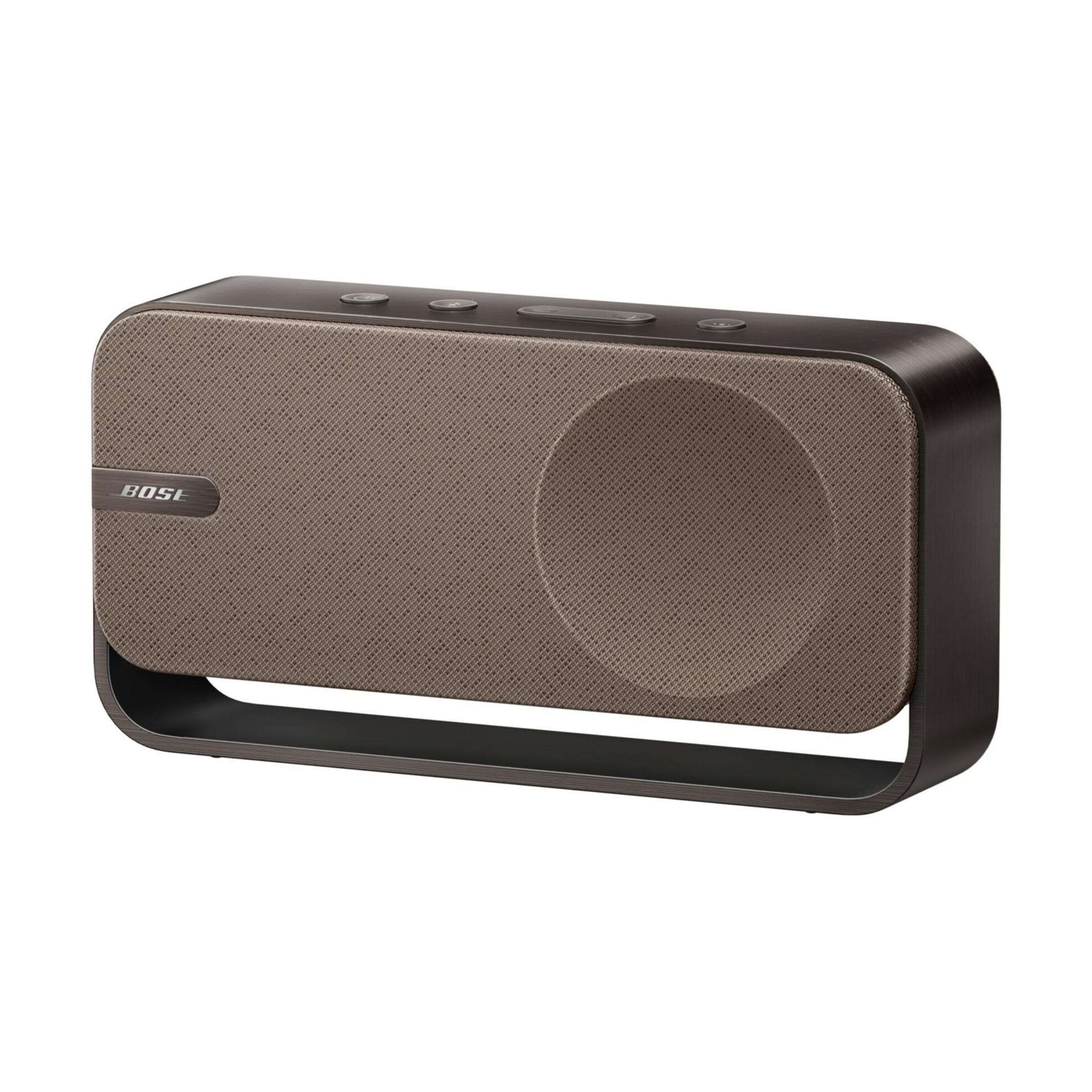 Brązowy głośnik Bose z materiałową osłoną i metalową ramą.