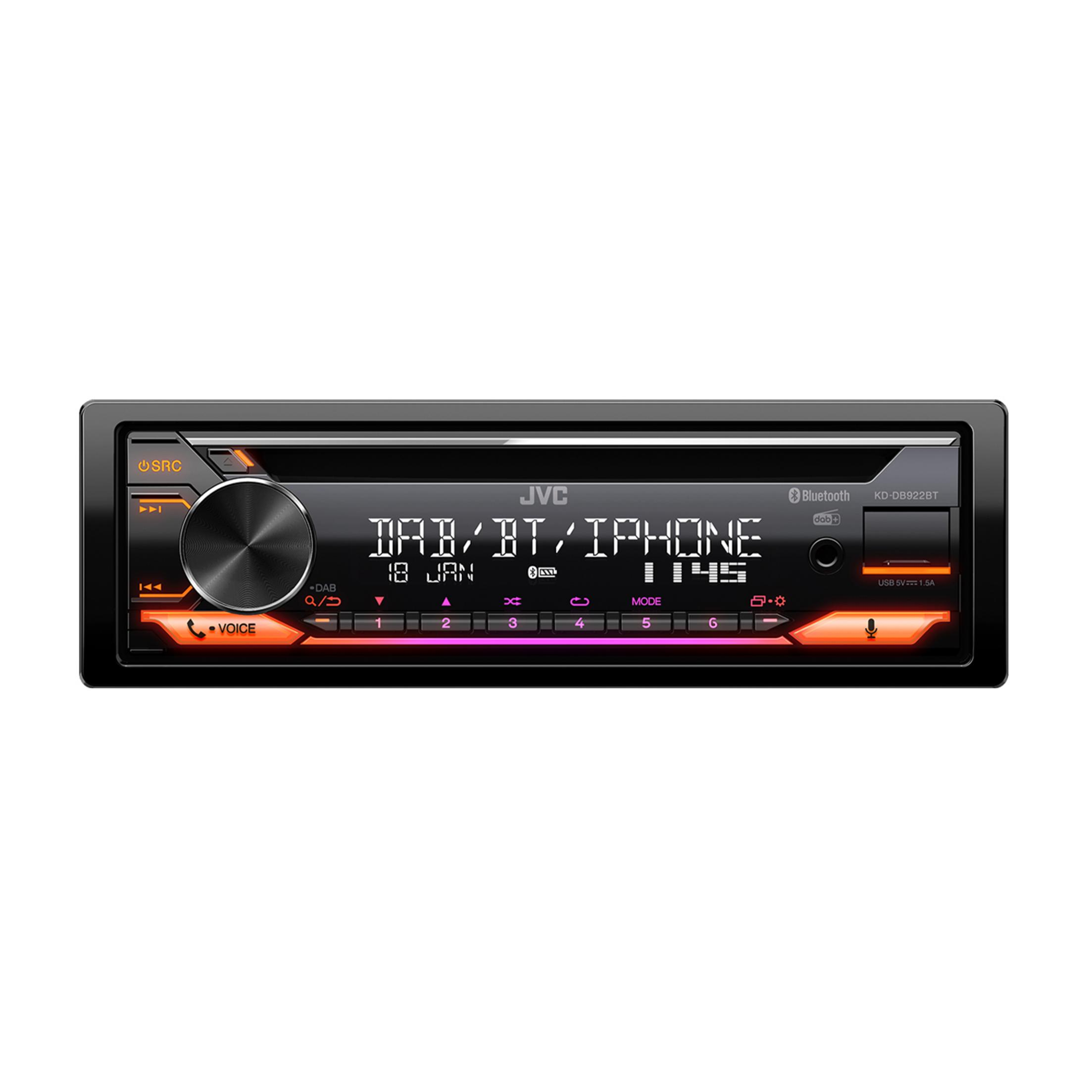 JVC Autoradio mit DAB, BT, iPhone, Datum und Uhrzeit. Beleuchtete Tasten.