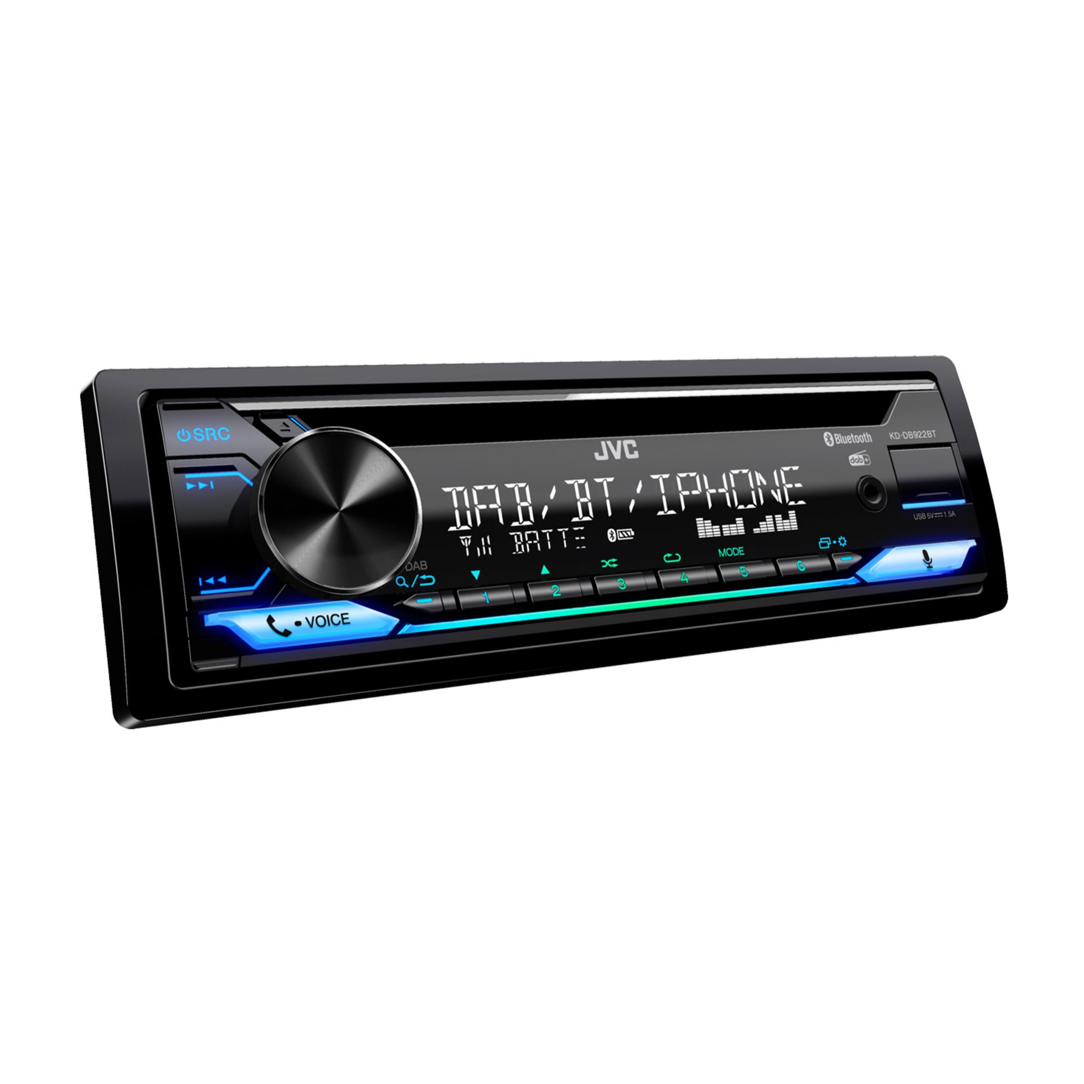 JVC Autoradio mit Display zeigt DAB/BT/iPhone, USB-Anschluss und blaue Beleuchtung.