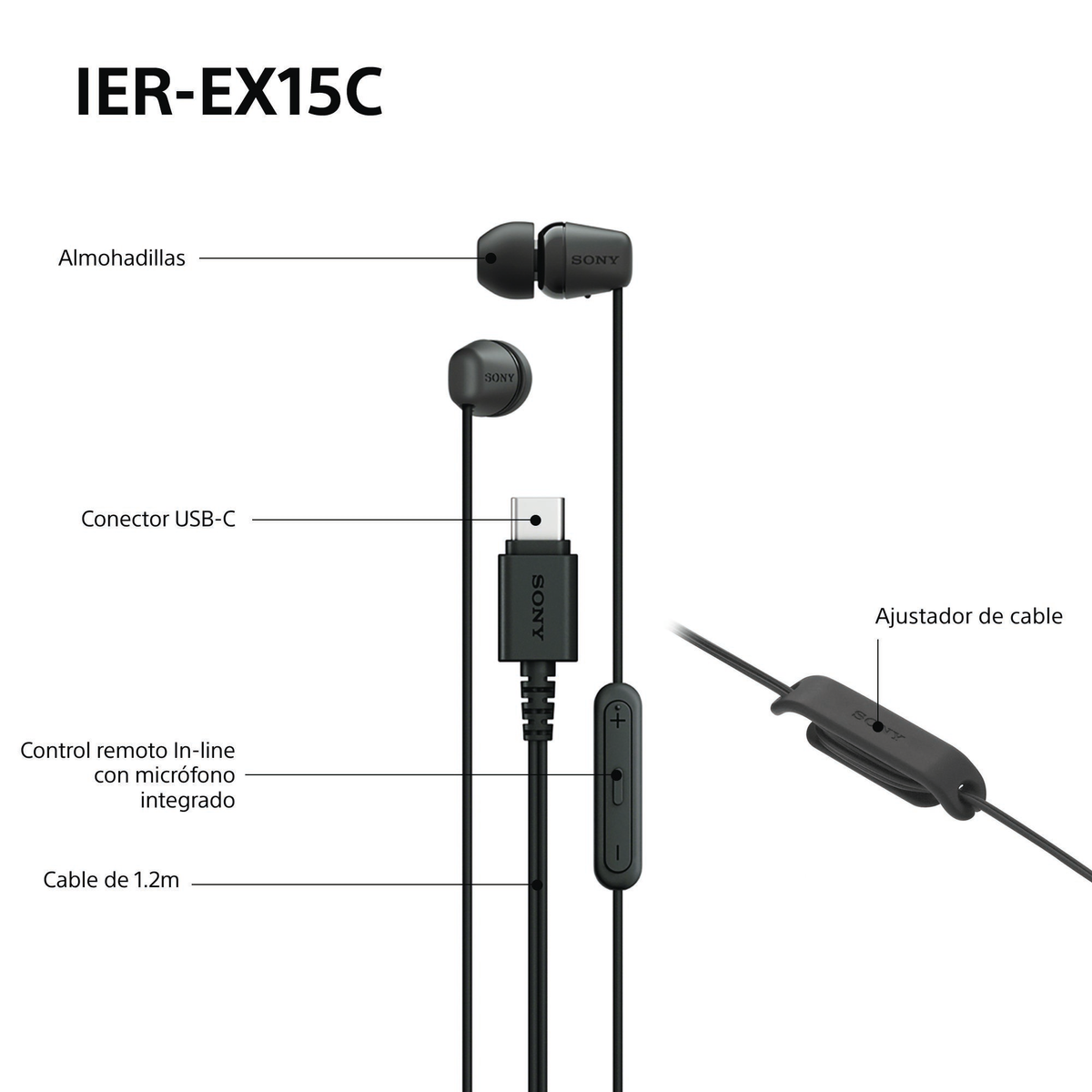 Sony In-Ear Kopfhörer mit USB-C, Inline-Fernbedienung und 1,2m Kabel.