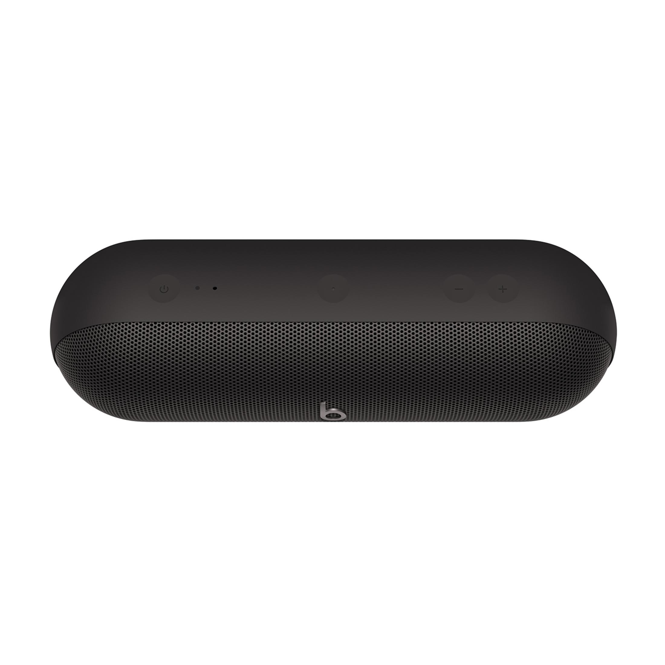 Czarny owalny głośnik z przyciskami głośności i symbolem zasilania.