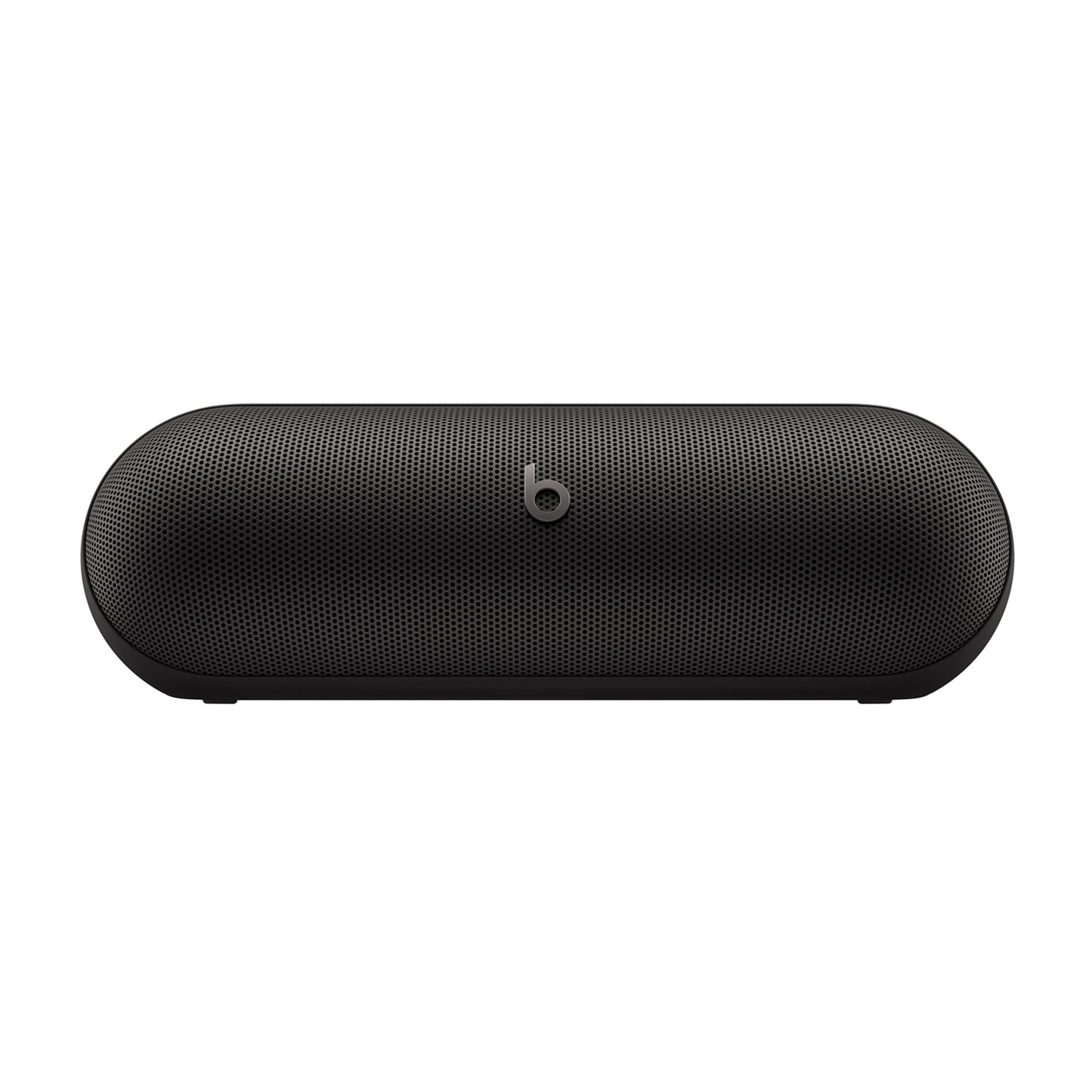 Czarny owalny głośnik z perforowanym wzorem i logo Beats.