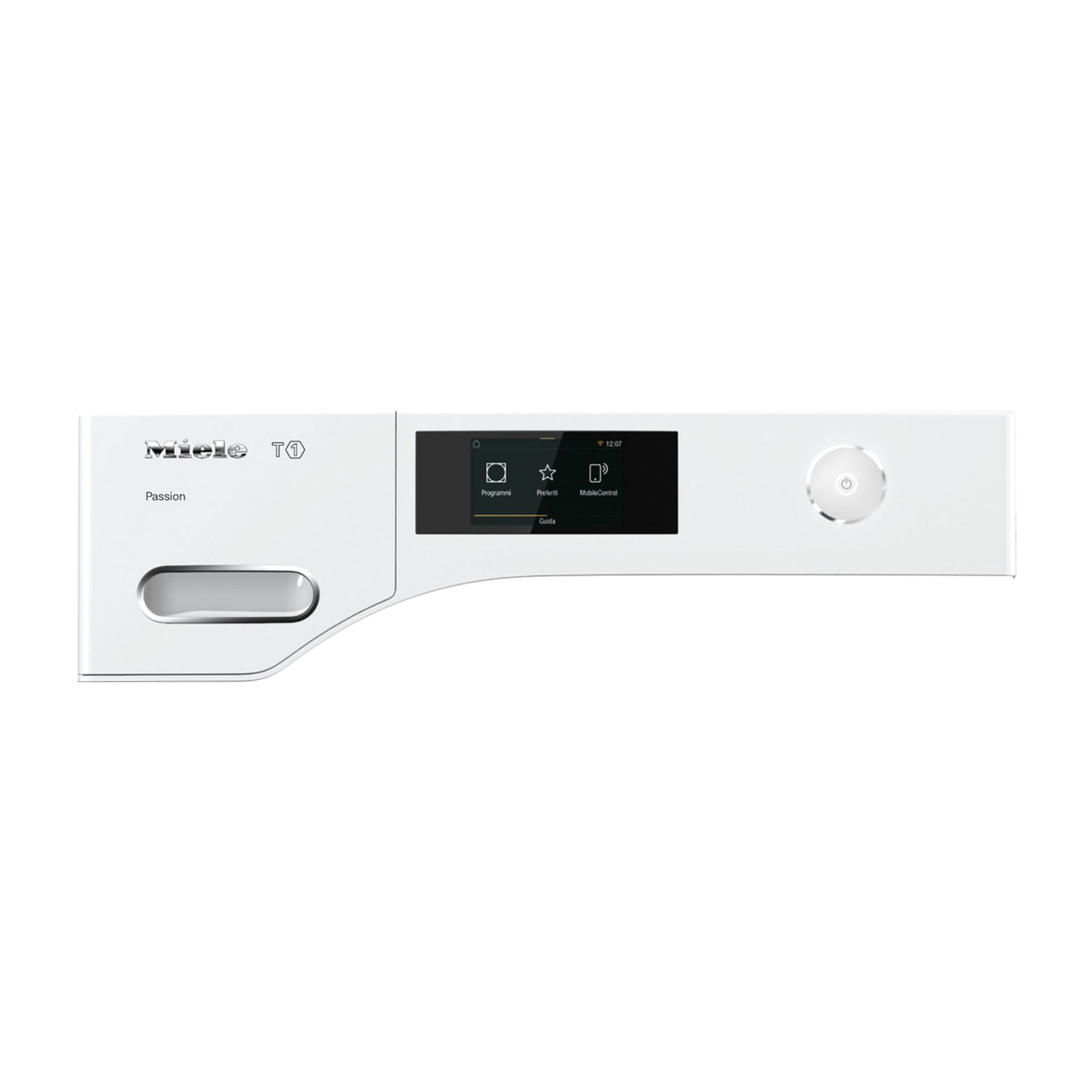 Un elettrodomestico Miele T1 bianco con display touchscreen e manopola.