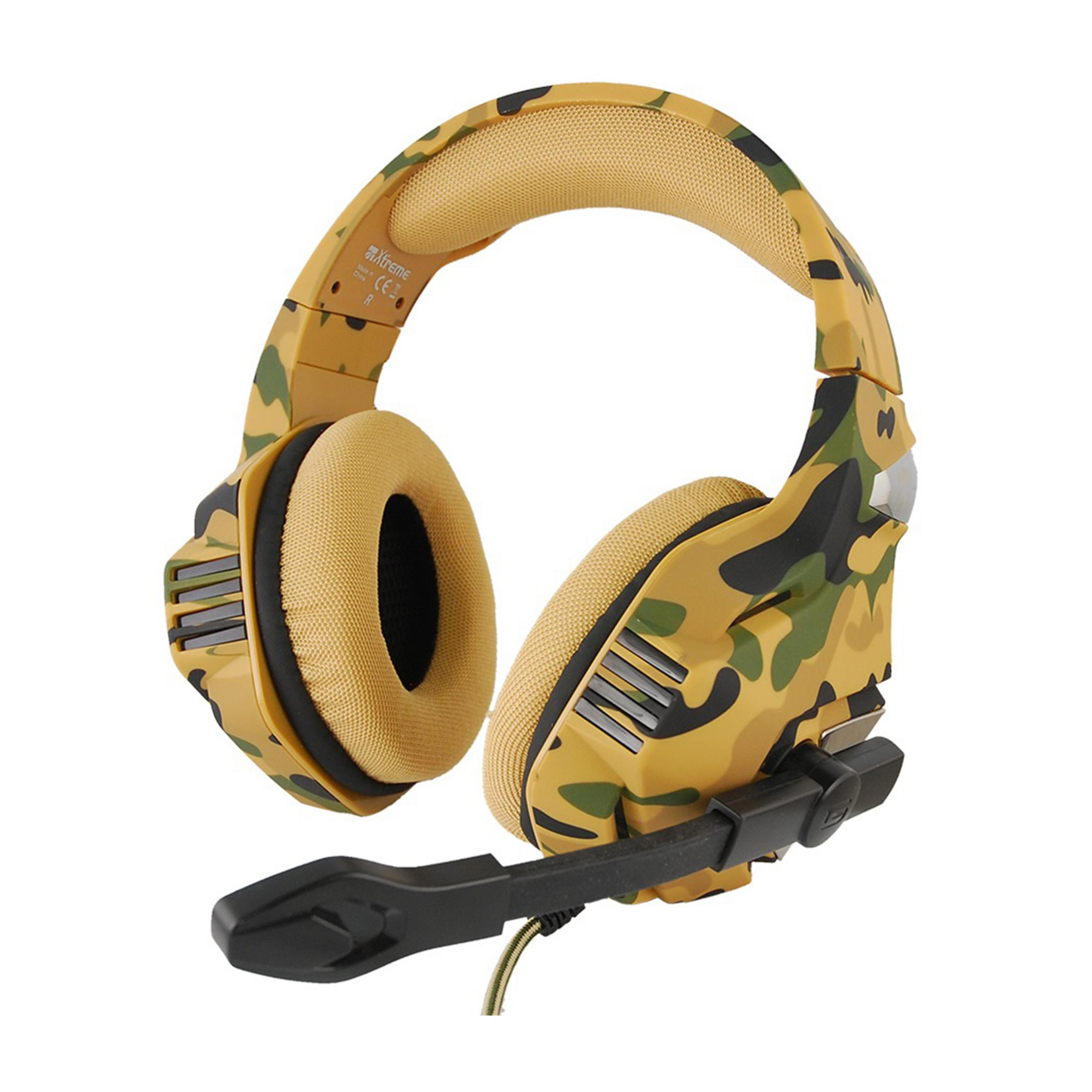Słuchawki kamuflażowe z mikrofonem, wzór kamuflażu żółty i zielony.