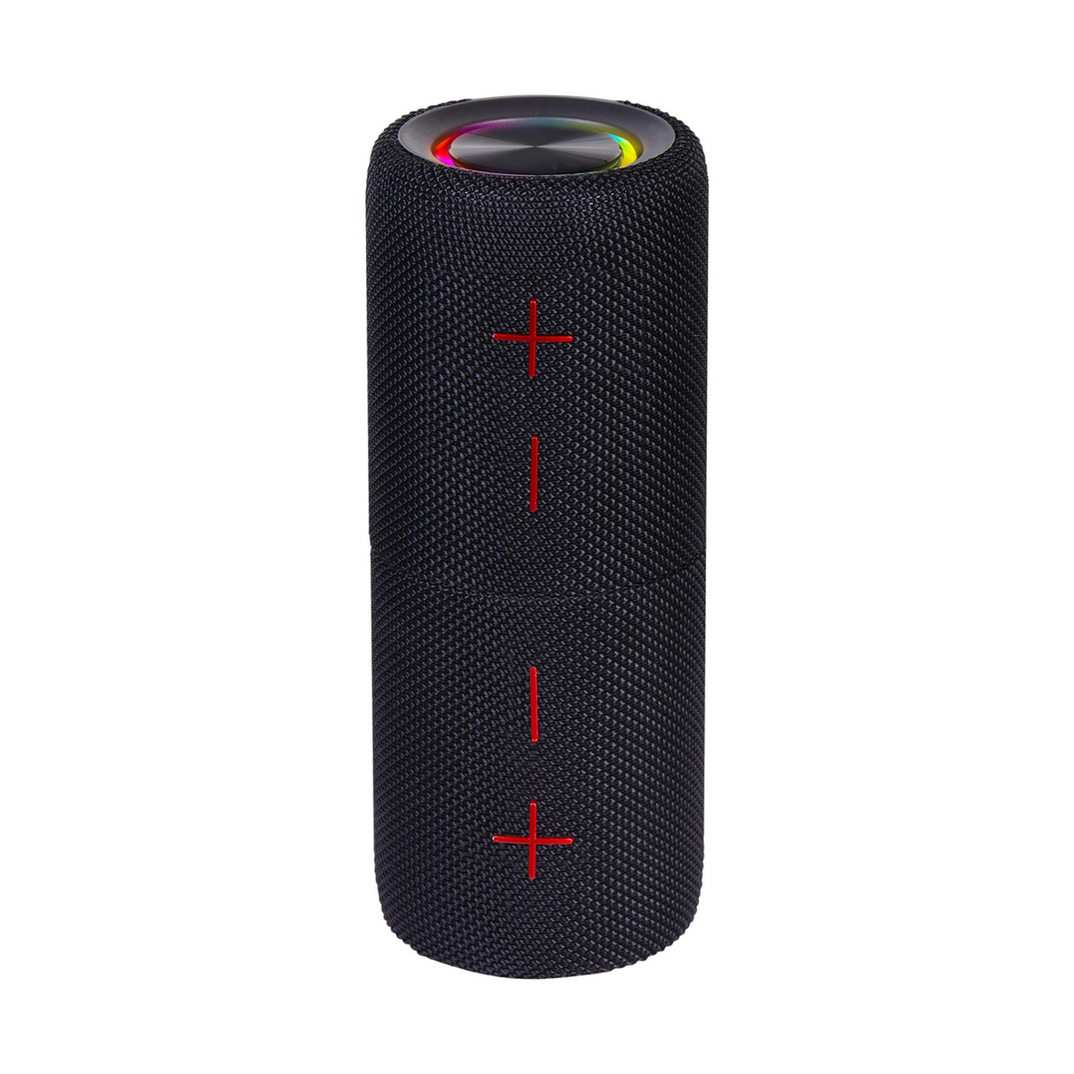 Czarny głośnik z czerwonymi znakami plus i kolorowymi diodami LED na górze.