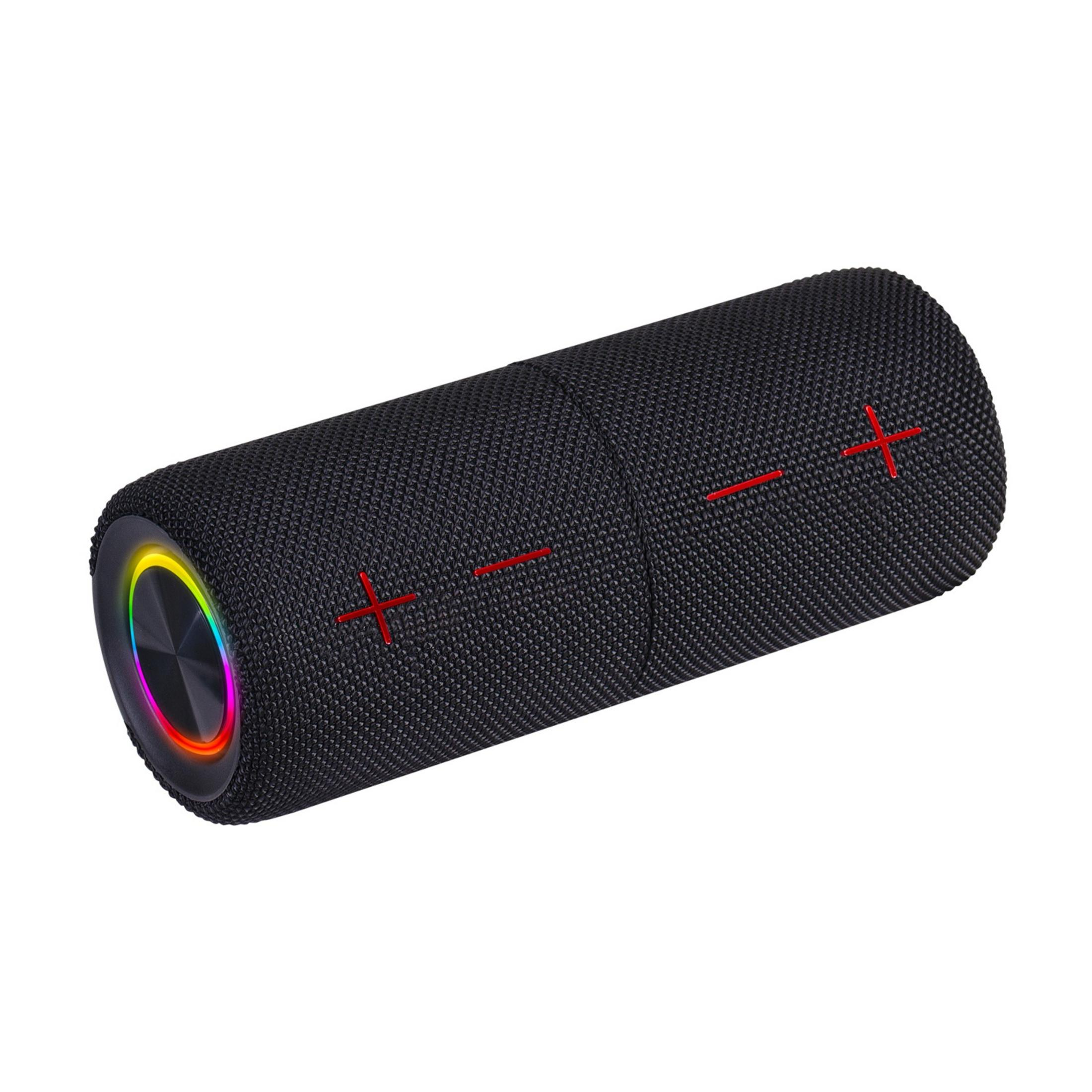 Czarny głośnik cylindryczny z czerwonymi symbolami plus/minus i pierścieniem światła RGB.