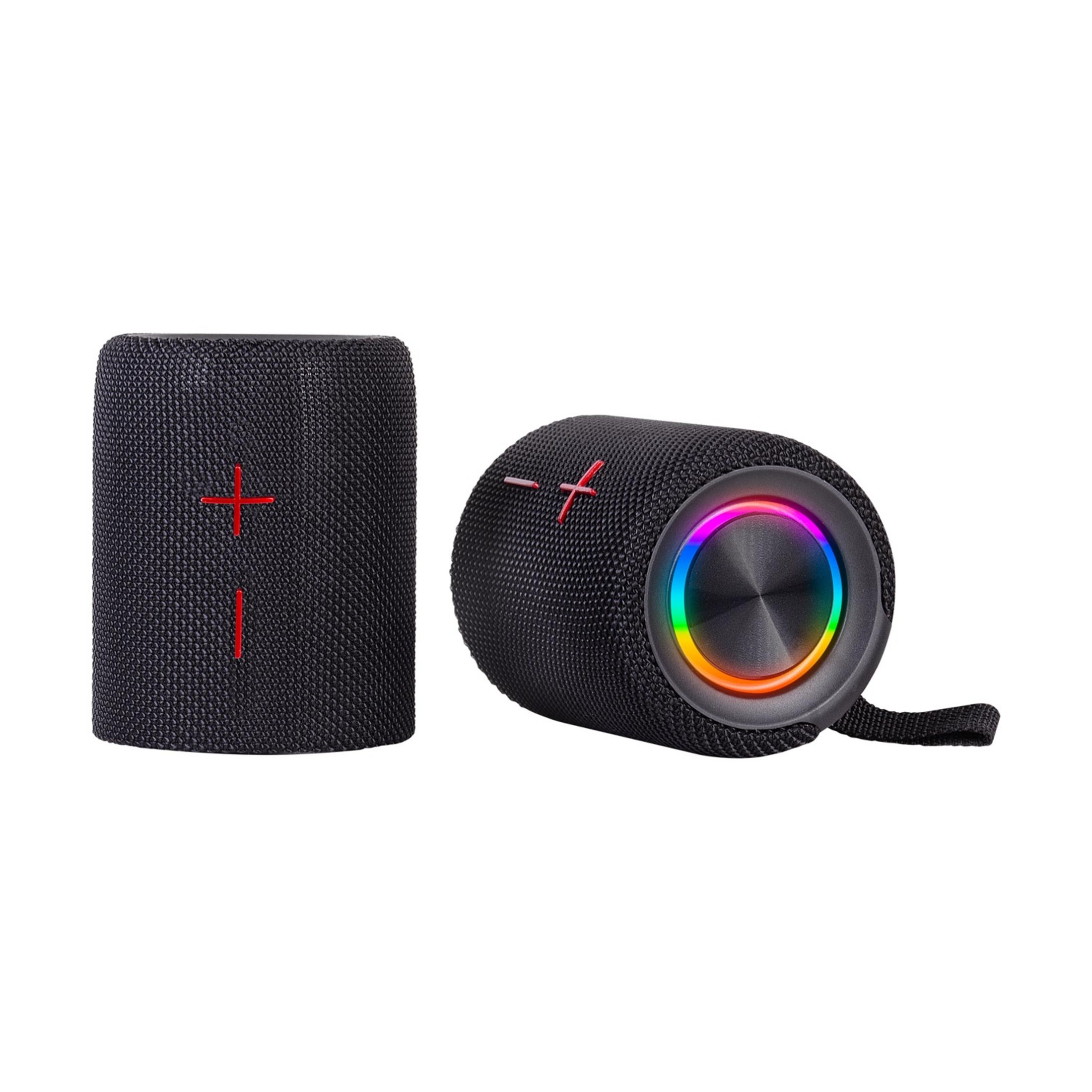 Dwa czarne głośniki na białym tle. Jeden stoi pionowo z czerwonymi symbolami plus/minus.