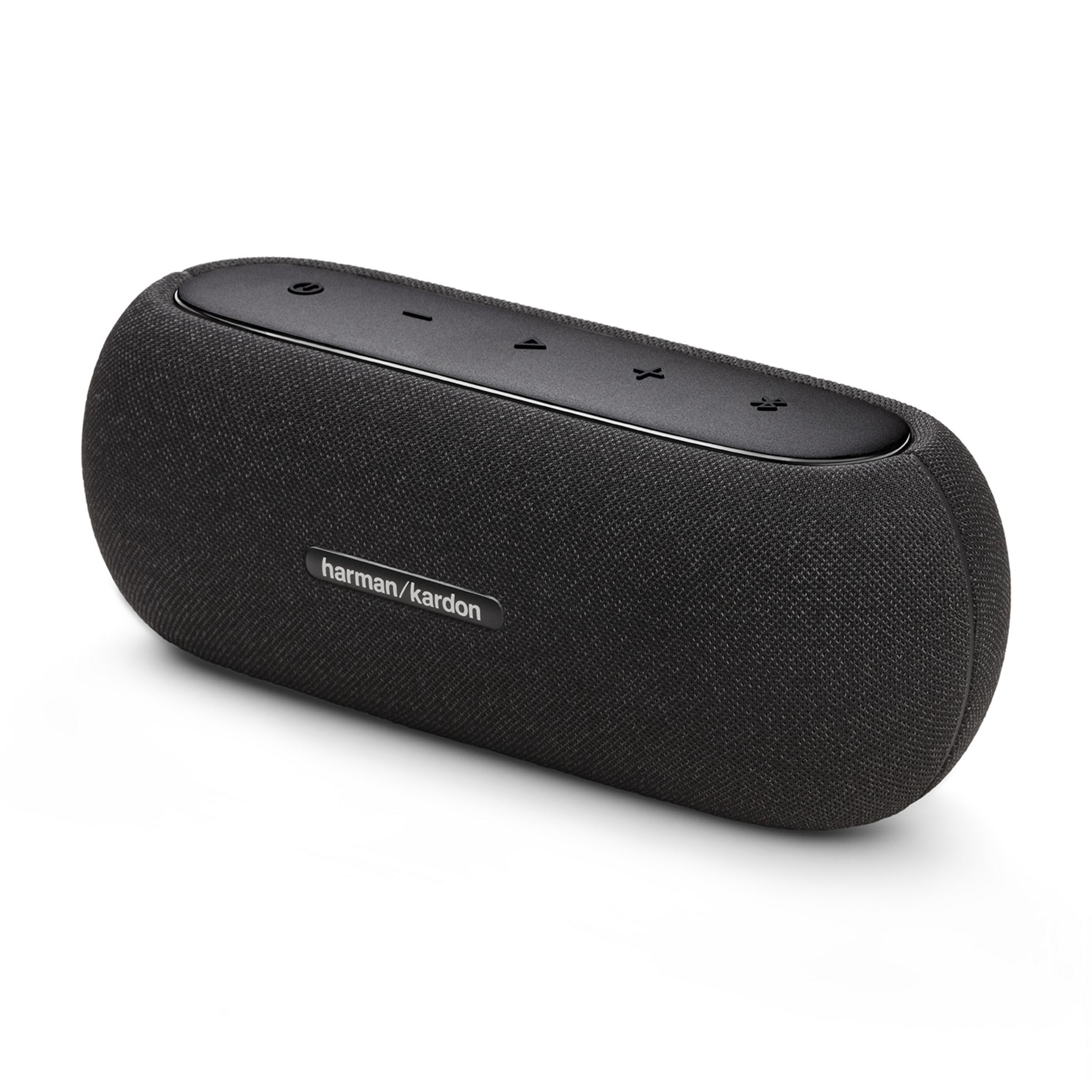 Czarny głośnik Bluetooth Harman Kardon z przyciskami na górze.