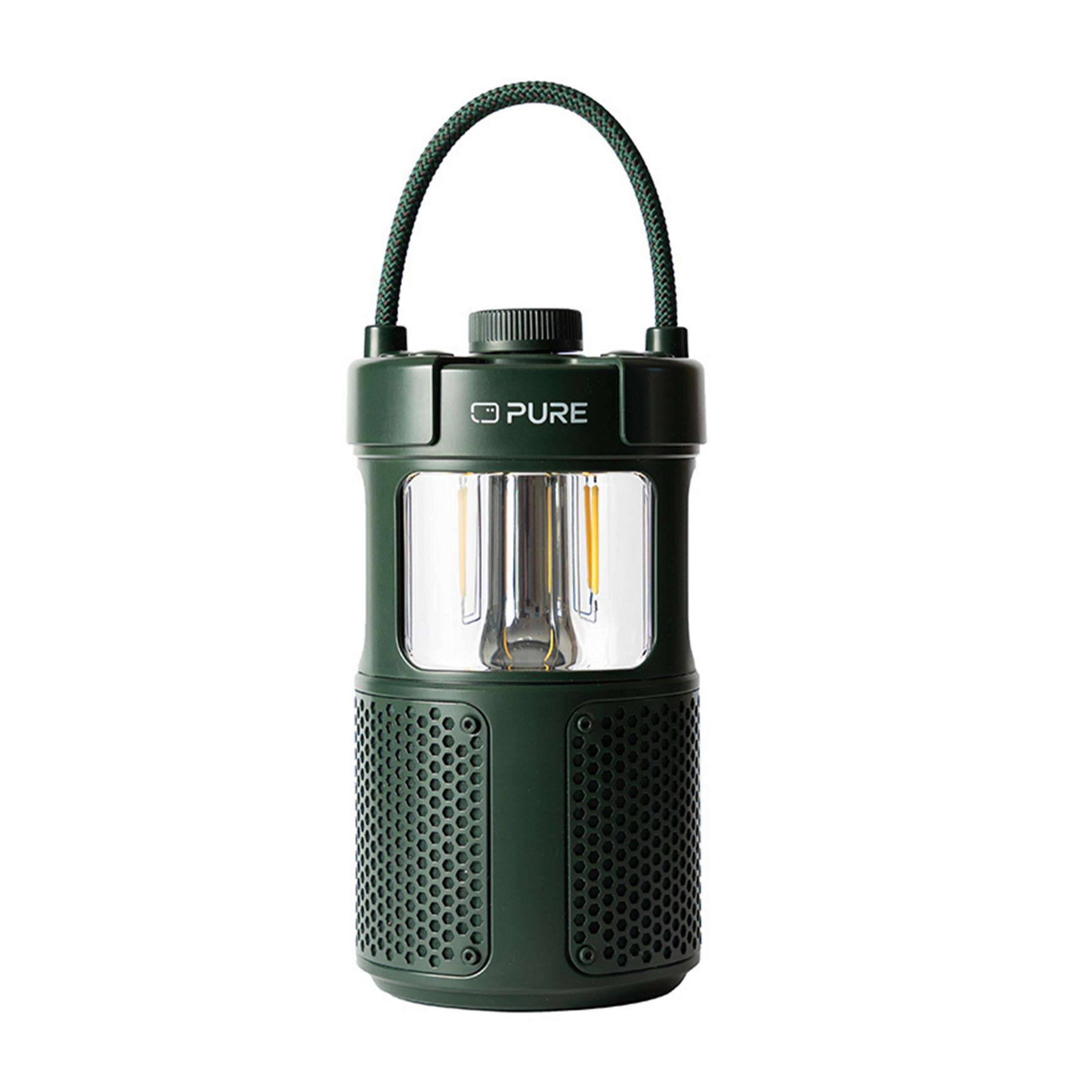 Ciemnozielona latarnia z uchwytem, przezroczystą obudową i perforowanym wzorem.