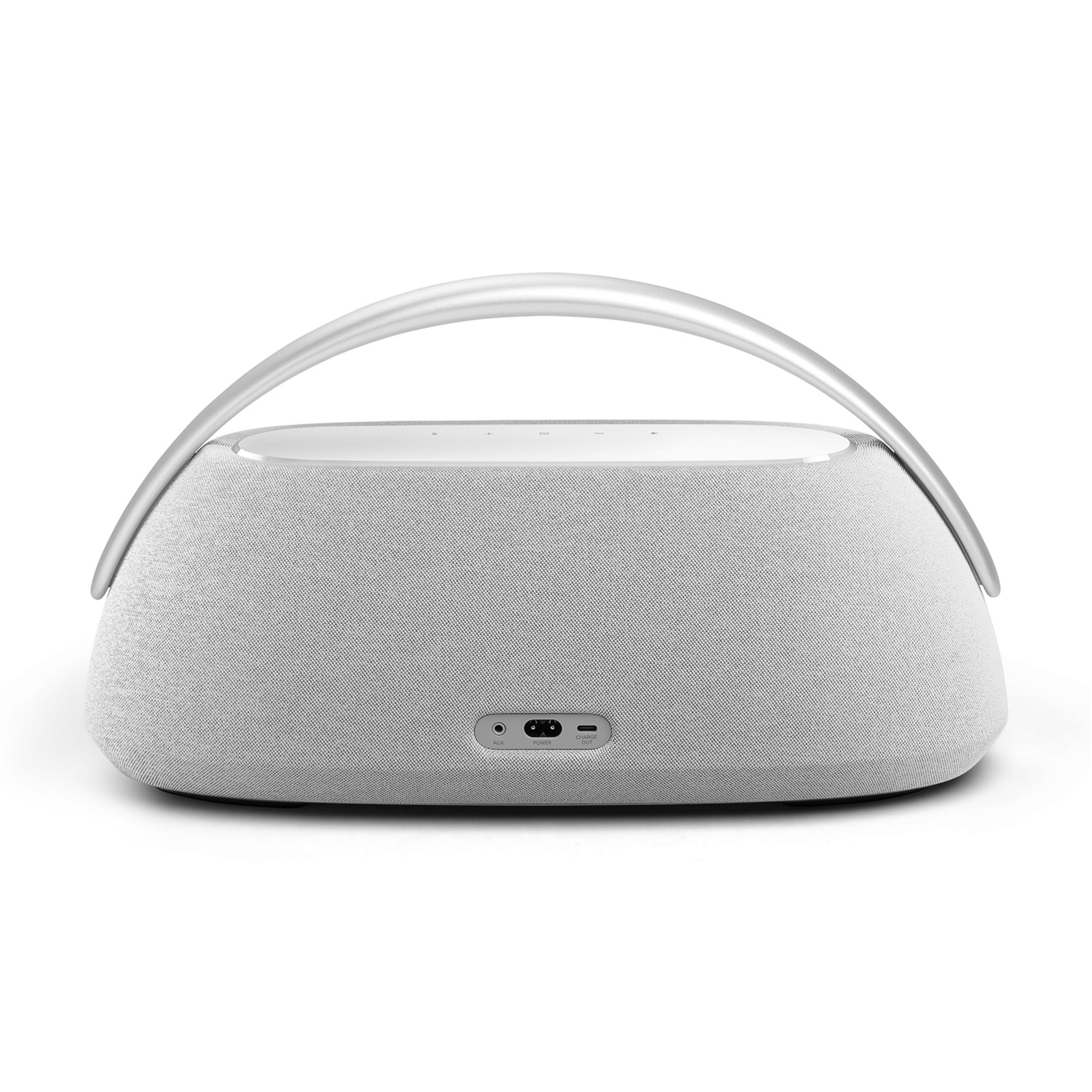 Szary głośnik z srebrnym uchwytem i portami z tyłu.
