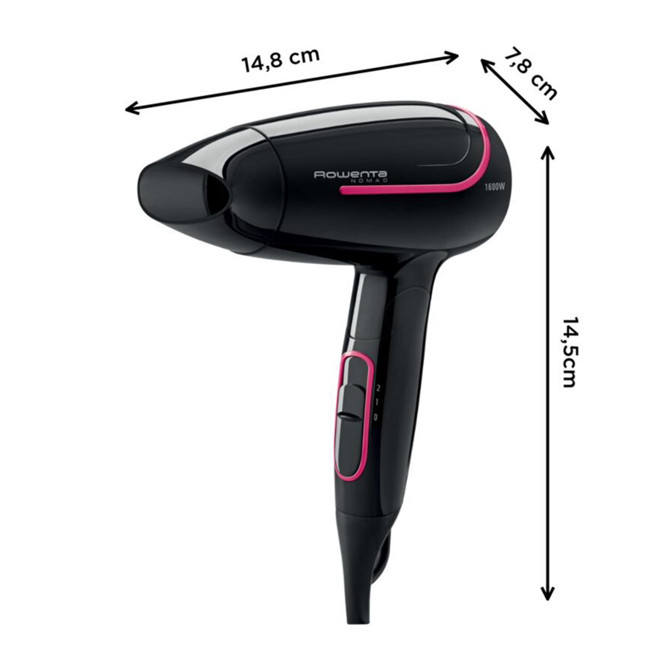 Czarna suszarka Rowenta z różowymi akcentami i wymiarami.