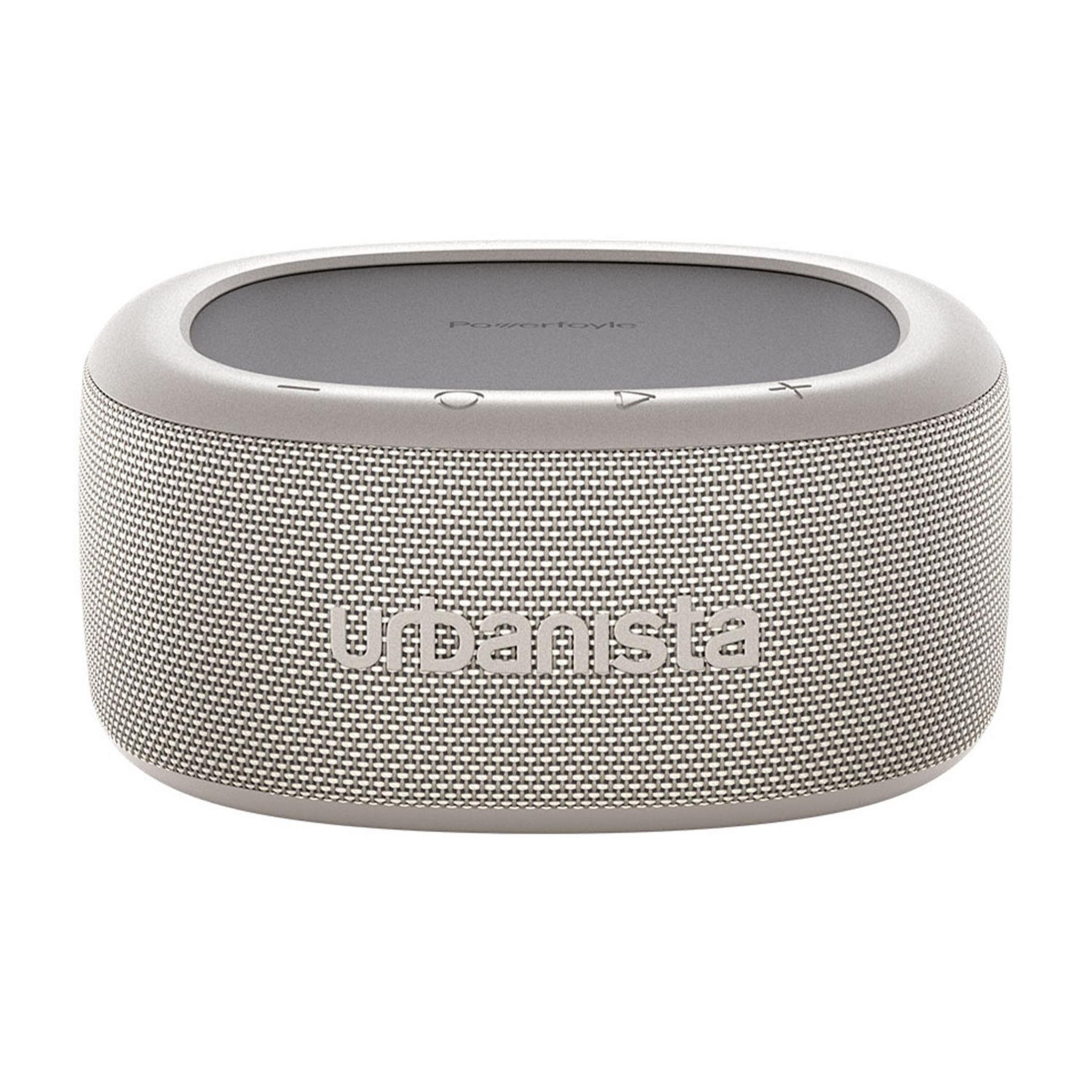 Altoparlante portatile grigio con griglia in tessuto e logo Urbanista.